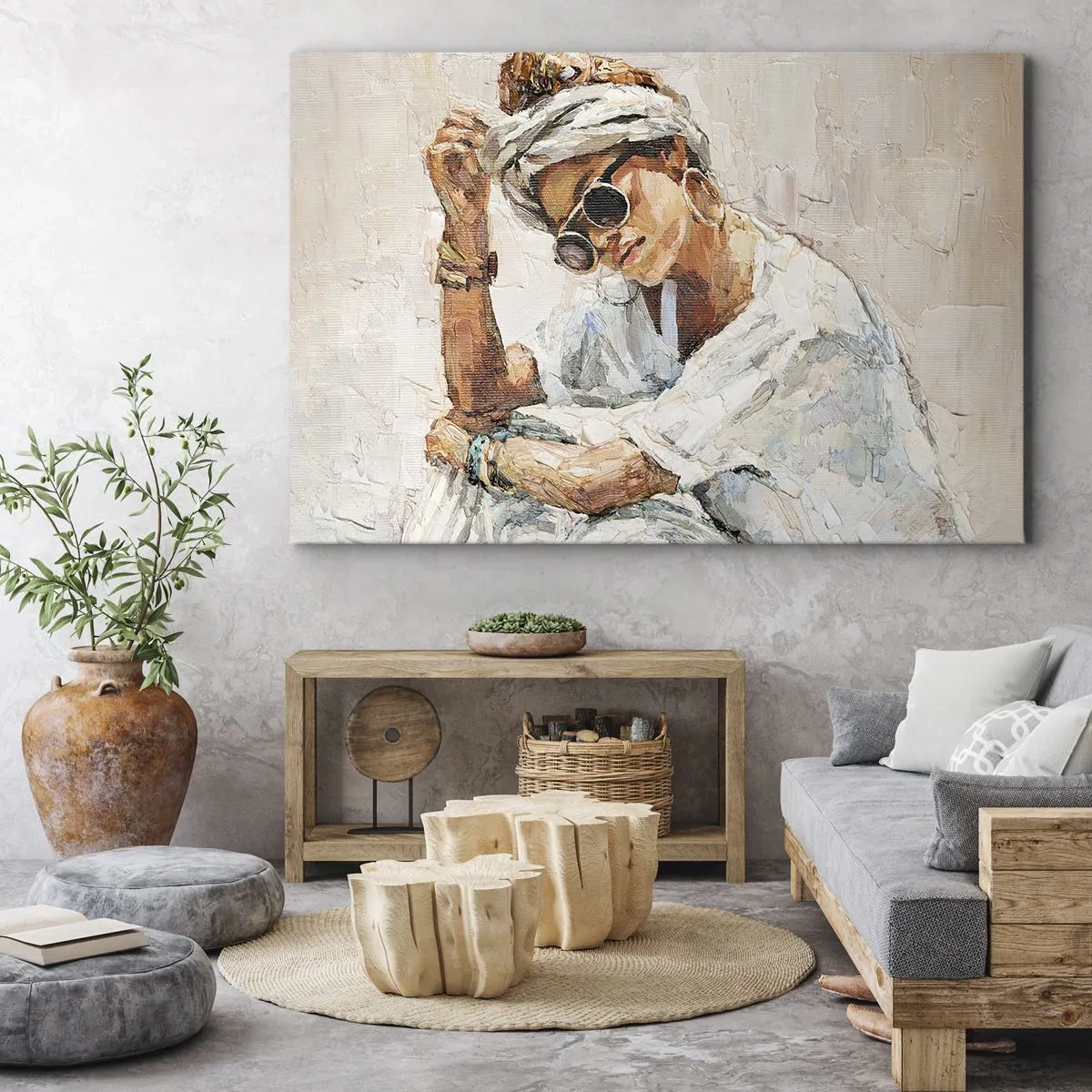 Quadro su tela - Stampe su Tela - Ritratto di una donna che indossa occhiali da sole contro una parete chiara - 70x50cm - Ritratto in pieno sole - Decorazione murale moderna per soggiorno e camera da letto ARTTOR