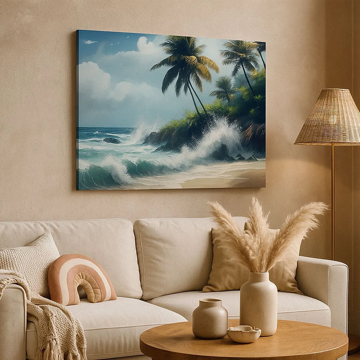 Quadro su tela - Stampe su Tela - Costa tropicale con palme e mare agitato - 70x50cm - Sulla riva tropicale - Decorazione murale moderna per soggiorno e camera da letto ARTTOR