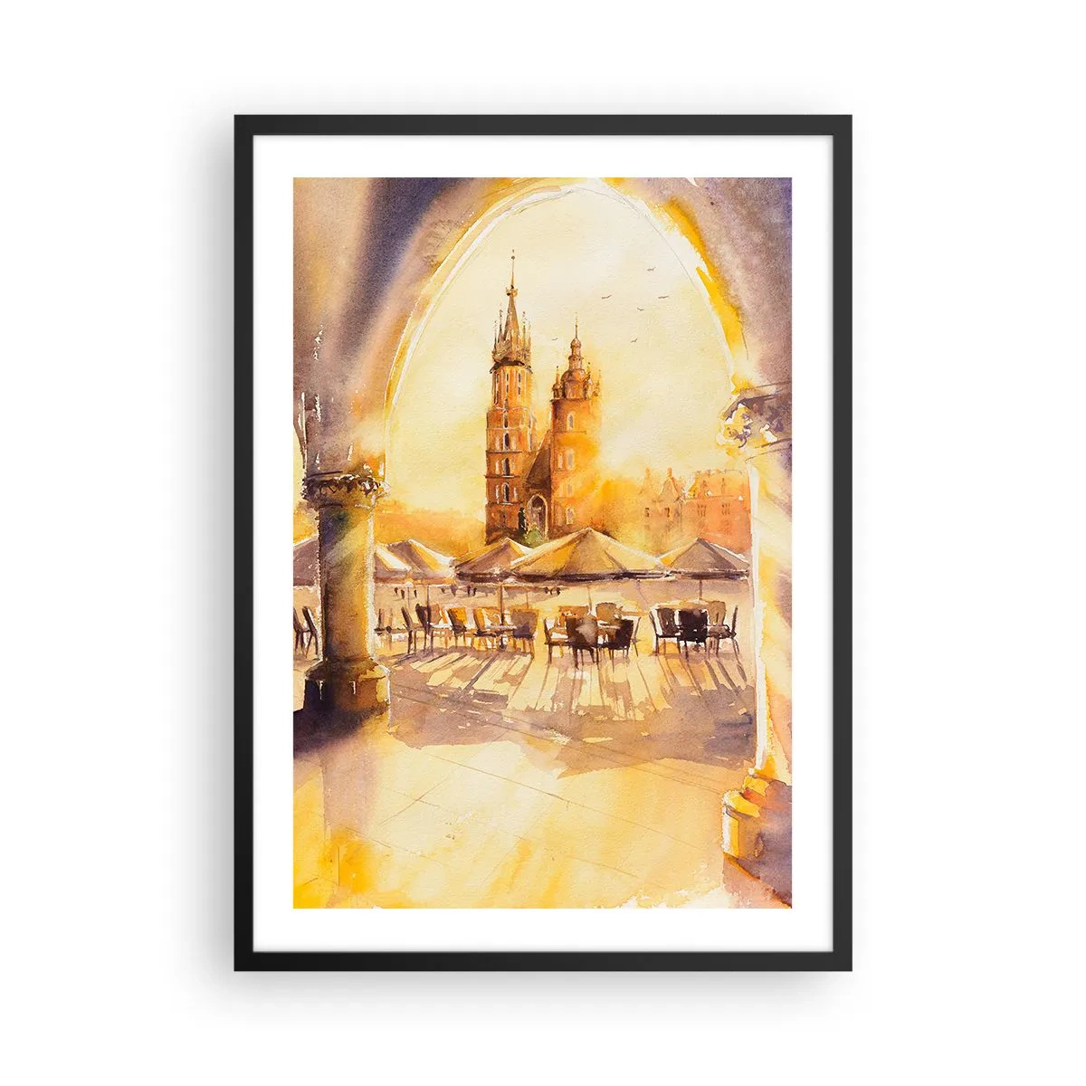 Poster in cornice nera - Un acquerello raffigurante la piazza del mercato di Cracovia al tramonto. - 50x70cm - Alba sulla piazza di Cracovia - Decorazione murale moderna per soggiorno e camera da letto ARTTOR