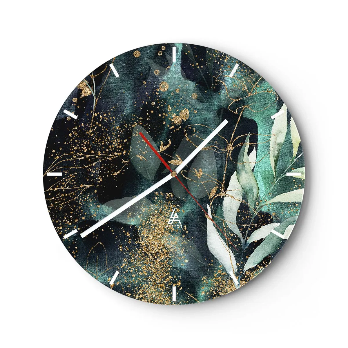 Orologio da parete - Orologio in Vetro - Foglie verdi e accenti dorati su uno sfondo scuro - 30x30cm - Il giardino incantato - Decorazione murale moderna per soggiorno, cucina e camera da letto ARTTOR