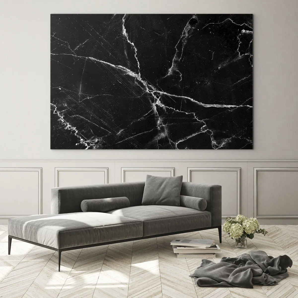 Quadro su vetro - Superficie in marmo nero con venature chiare - 70x50cm - La vita segreta delle pietre - Decorazione murale moderna per soggiorno e camera da letto ARTTOR