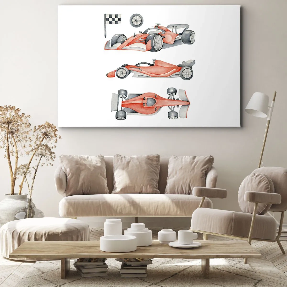 Quadro su tela - Stampe su Tela - Un'auto da corsa rossa con una bandiera a scacchi - 70x50cm - Inseguendo i sogni - Decorazione murale moderna per soggiorno e camera da letto ARTTOR