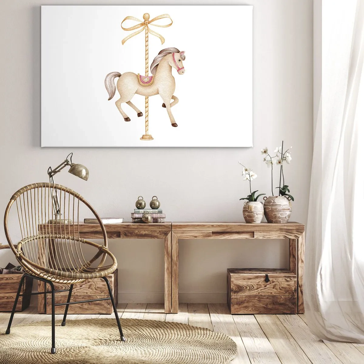 Quadro su tela - Stampe su Tela - Un cavallo da giostra con un fiocco in delicati colori pastello - 70x50cm - Trotto aggraziato - Decorazione murale moderna per soggiorno e camera da letto ARTTOR
