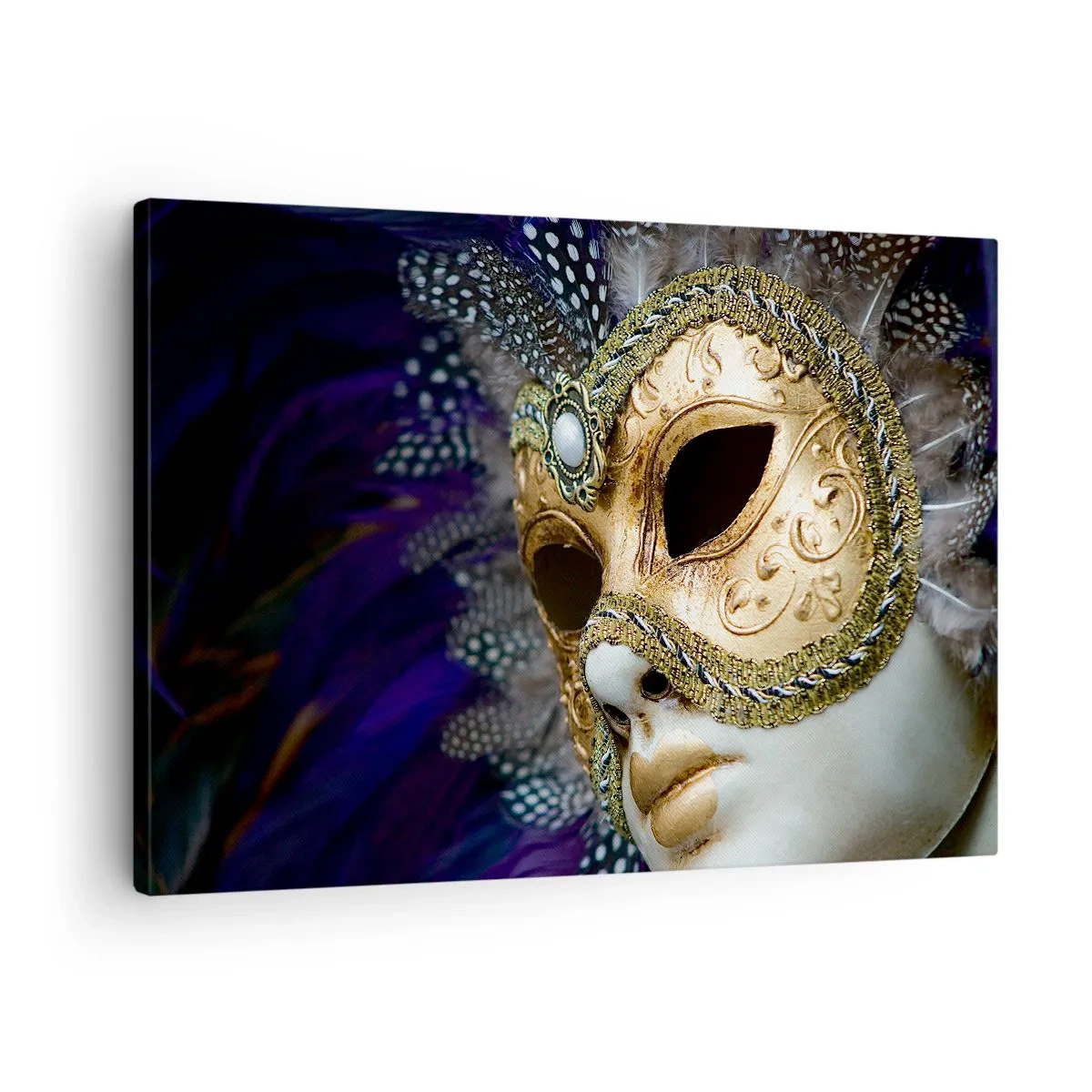 Quadro su tela - Stampe su Tela - Maschera veneziana dorata con piume decorative e ornamenti - 70x50cm - Ritratto di Venezia in oro - Decorazione murale moderna per soggiorno e camera da letto ARTTOR