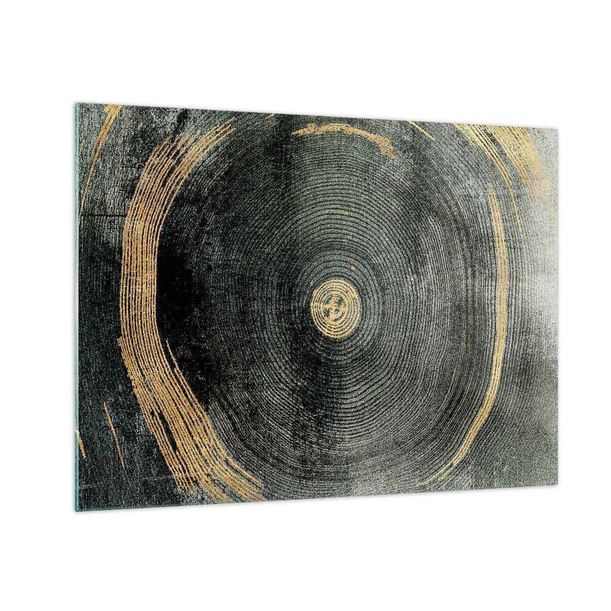 Quadro su vetro - Sezione trasversale di un tronco d'albero con dettagli e accenti dorati - 70x50cm - Cambiamento e persistenza - Decorazione murale moderna per soggiorno e camera da letto ARTTOR