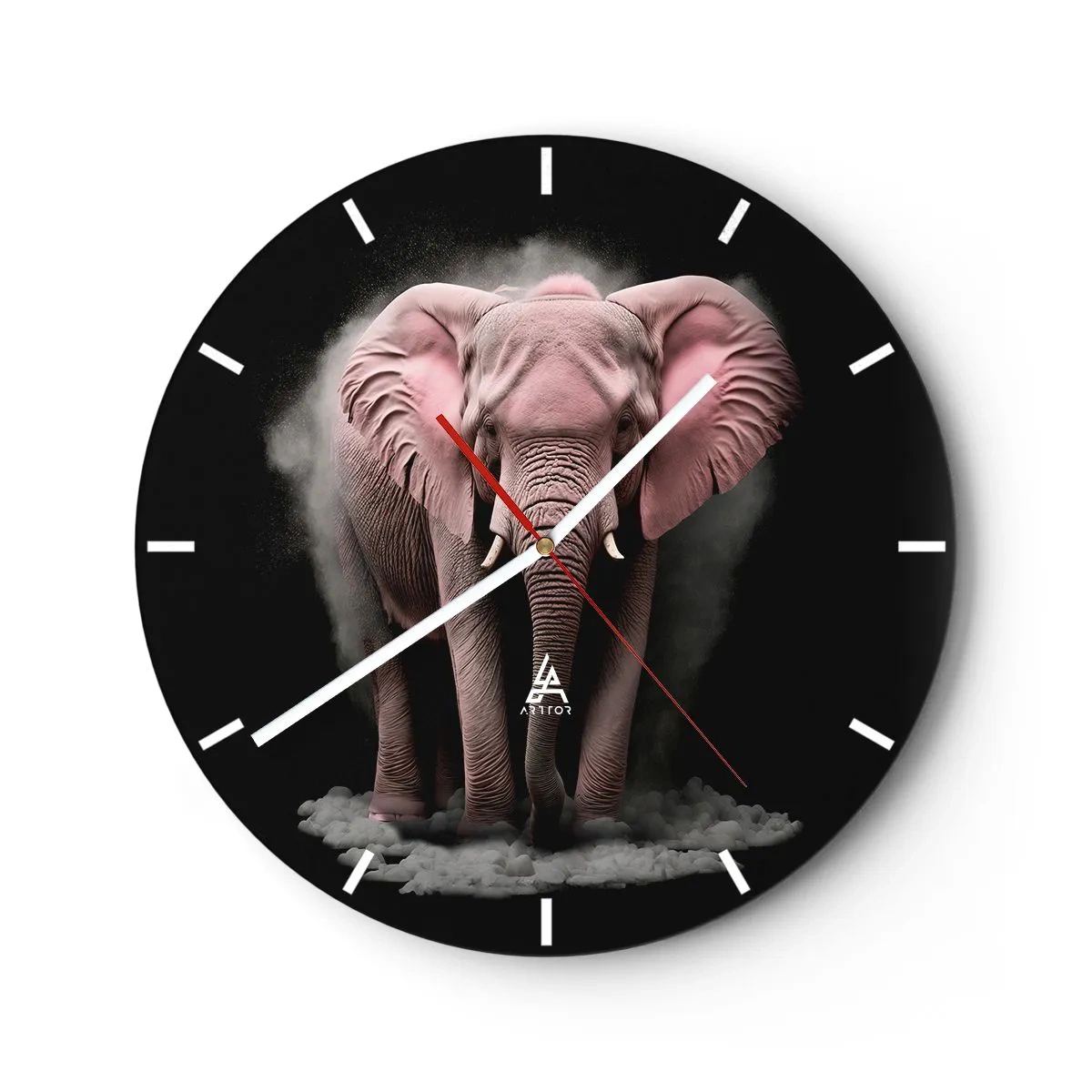 Orologio da parete - Orologio in Vetro - Un elefante rosa su sfondo nero circondato dalla nebbia - 30x30cm - Non pensare all'elefante rosa! - Decorazione murale moderna per soggiorno, cucina e camera da letto ARTTOR
