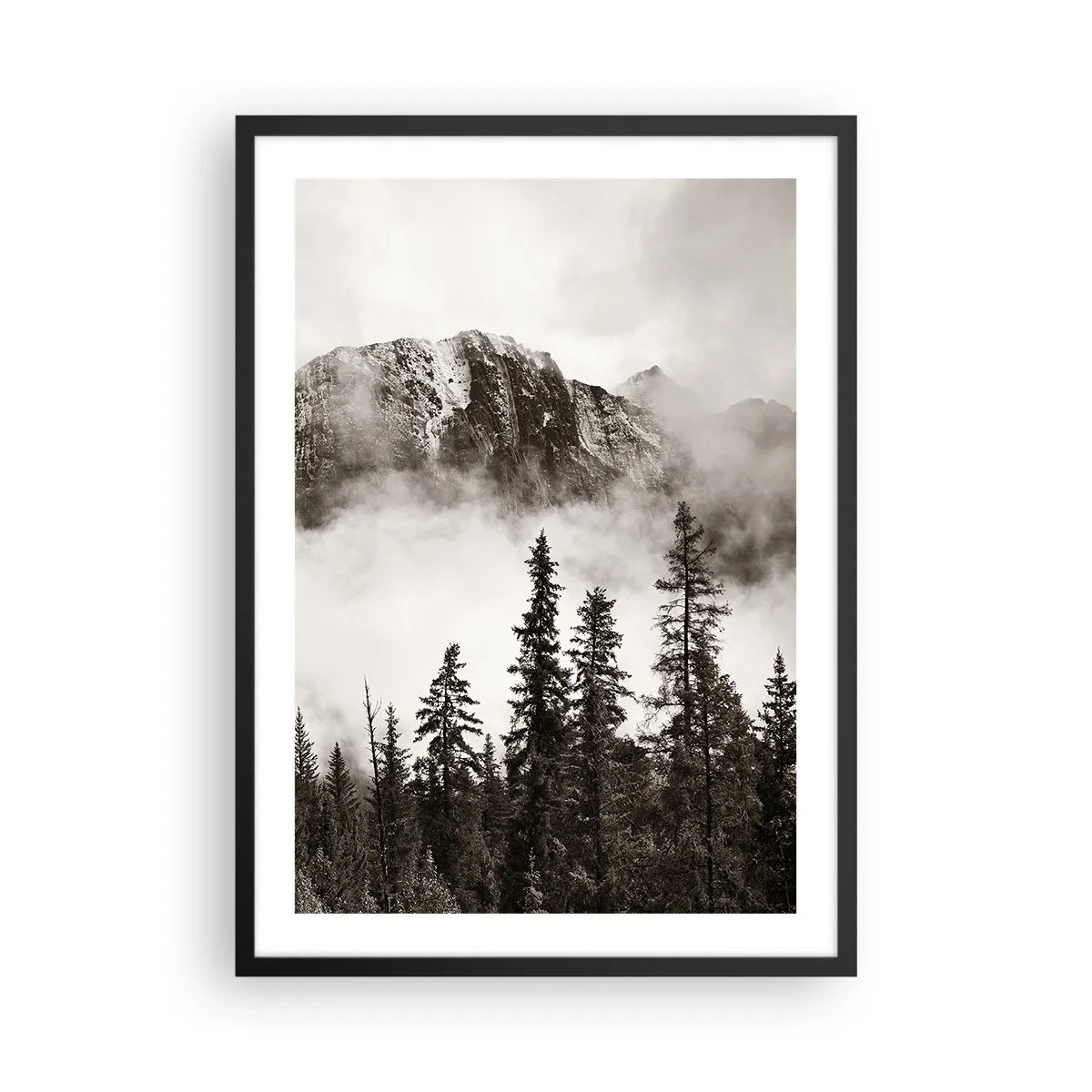 Poster in cornice nera - Paesaggio montano con alberi e nebbia - 50x70cm - Il sovrano di granito - Decorazione murale moderna per soggiorno e camera da letto ARTTOR
