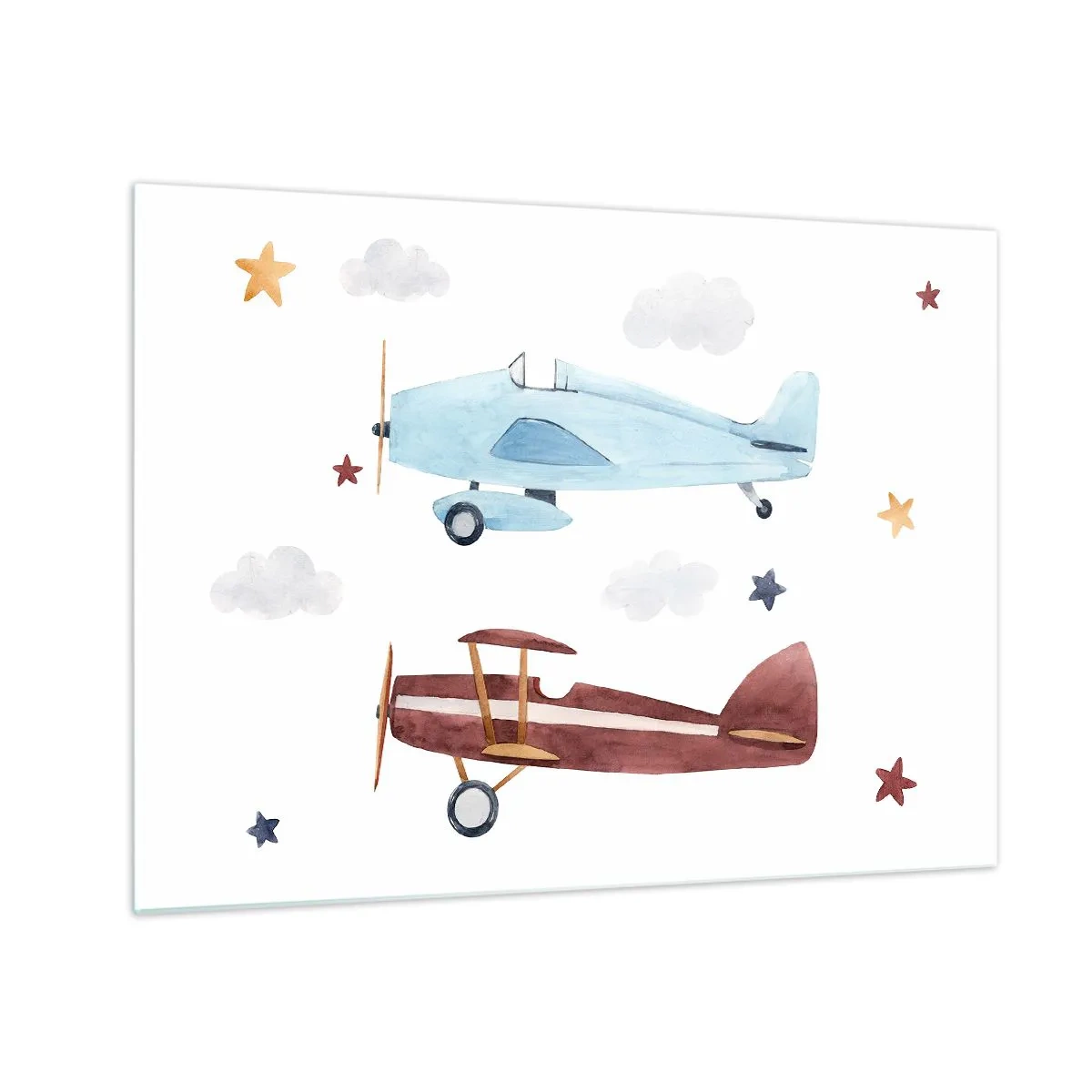Quadro su vetro - Due aerei colorati tra le stelle e le nuvole - 70x50cm - Aspettando il pilota - Decorazione murale moderna per soggiorno e camera da letto ARTTOR