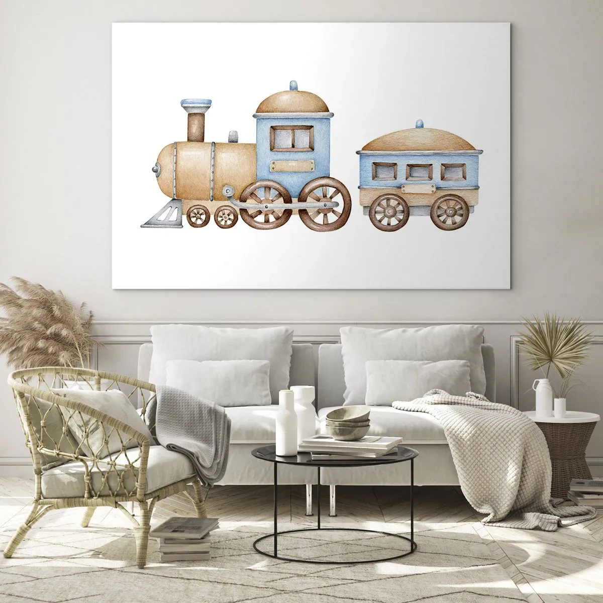 Quadro su vetro - Illustrazione di un treno a vapore nei toni del blu e del beige su sfondo bianco - 70x50cm - Fermo alla stazione... - Decorazione murale moderna per soggiorno e camera da letto ARTTOR