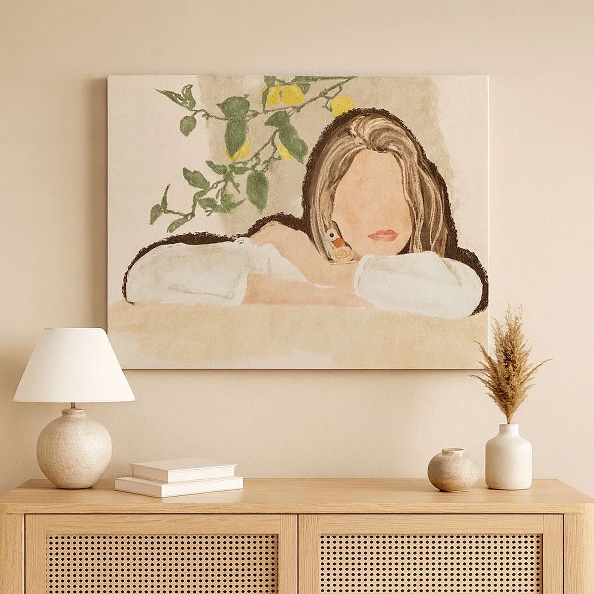 Quadro su tela - Stampe su Tela - La figura di una donna sullo sfondo di un albero di limone - 70x50cm - Bellezza del sud - Decorazione murale moderna per soggiorno e camera da letto ARTTOR