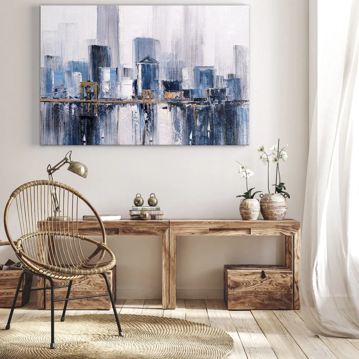 Quadro su tela - Stampe su Tela - Panorama urbano astratto con sfumature di blu e giallo - 70x50cm - Impressione di New York - Decorazione murale moderna per soggiorno e camera da letto ARTTOR