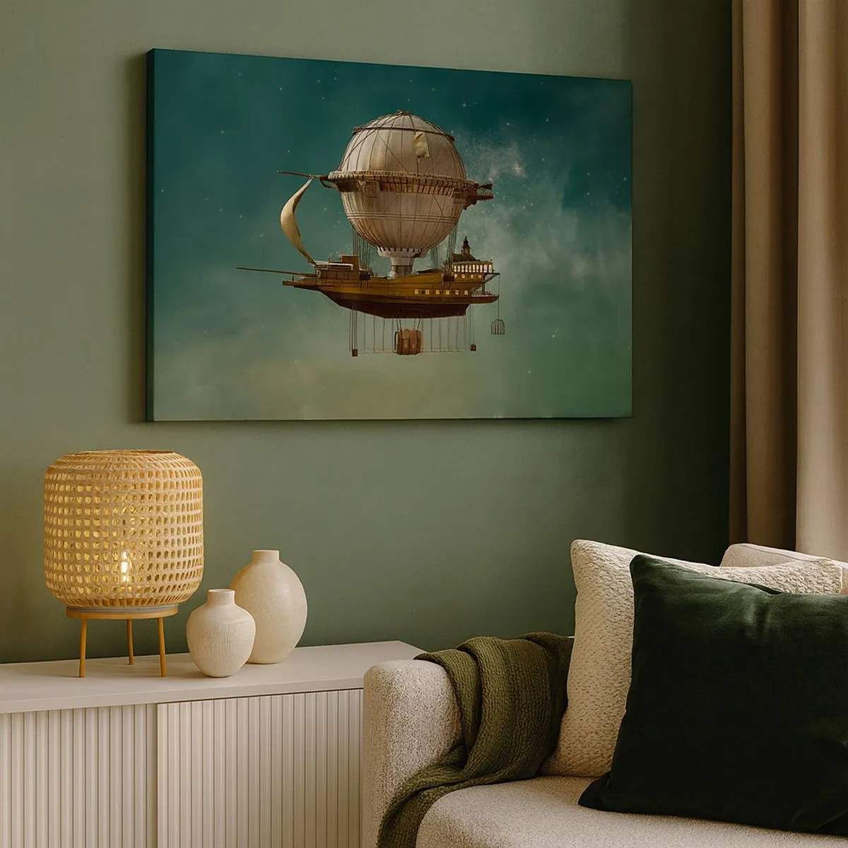 Quadro su tela - Stampe su Tela - Un fantastico dirigibile contro il cielo verdastro - 70x50cm - Saluti da Jules Verne - Decorazione murale moderna per soggiorno e camera da letto ARTTOR