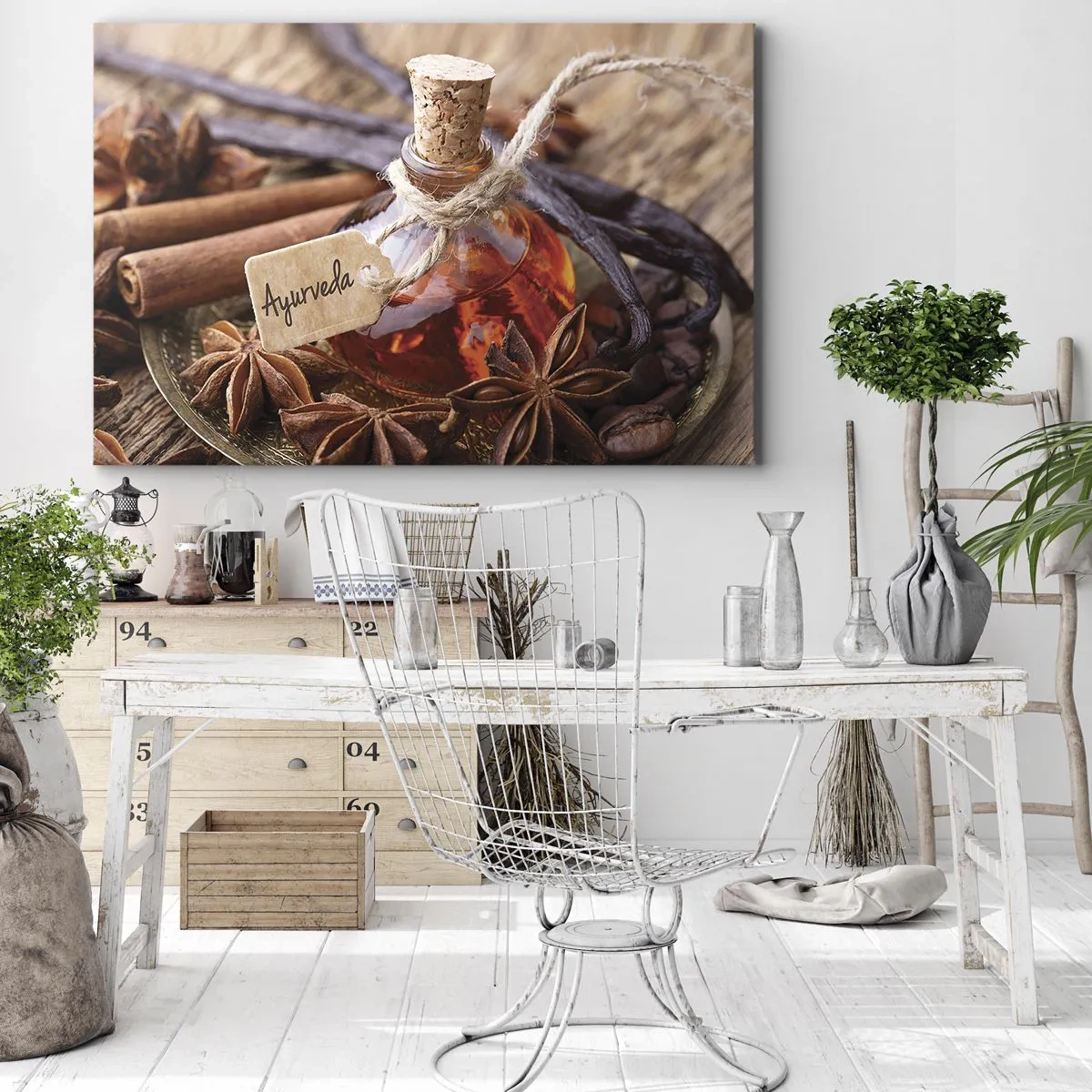 Quadro su tela - Stampe su Tela - Una bottiglia di olio speziato su un vassoio - 70x50cm - Verso l'unità del corpo e dell'anima - Decorazione murale moderna per soggiorno e camera da letto ARTTOR