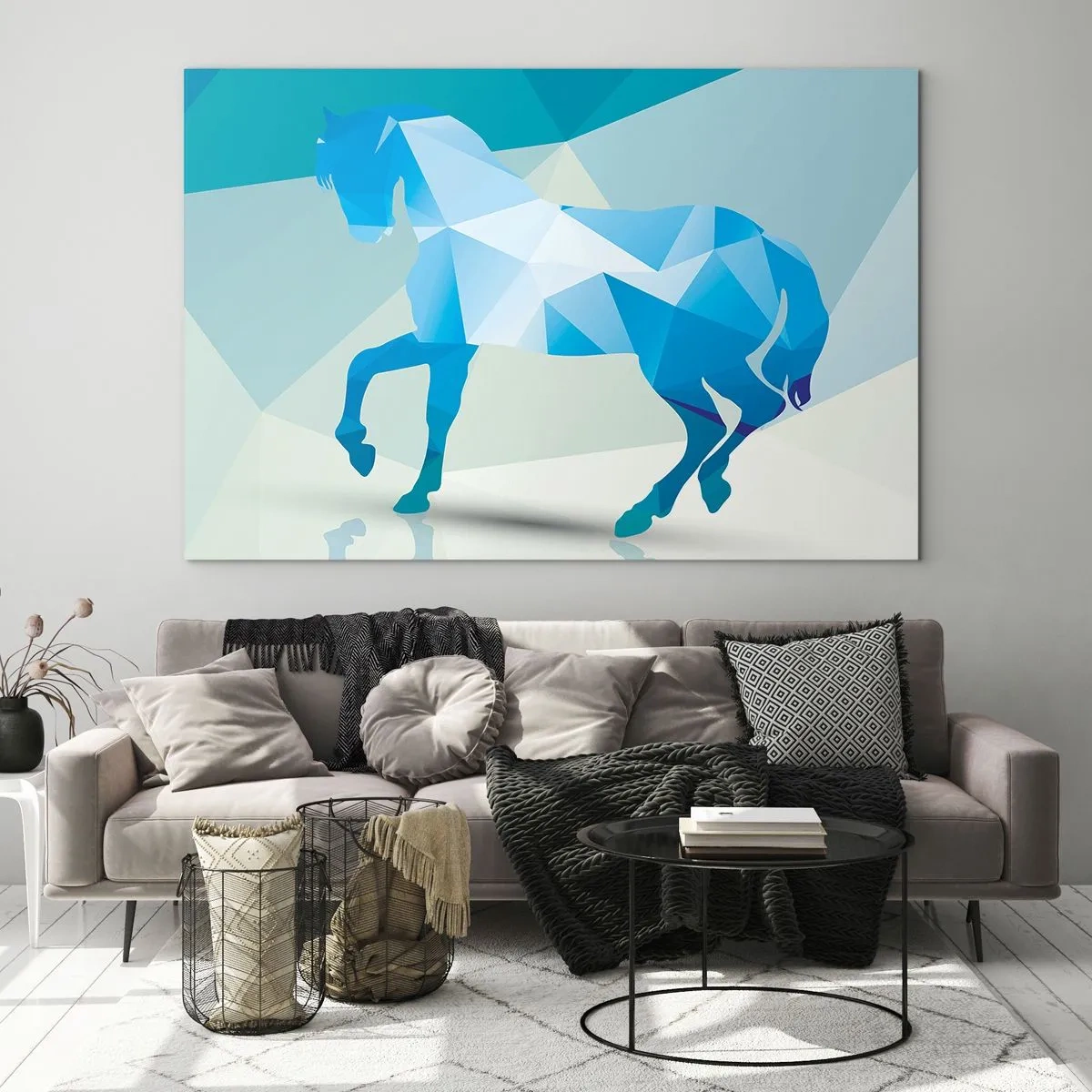 Quadro su vetro - Cavallo geometrico nei toni del blu e del bianco - 70x50cm - Cavallo geometrico nel turchese - Decorazione murale moderna per soggiorno e camera da letto ARTTOR