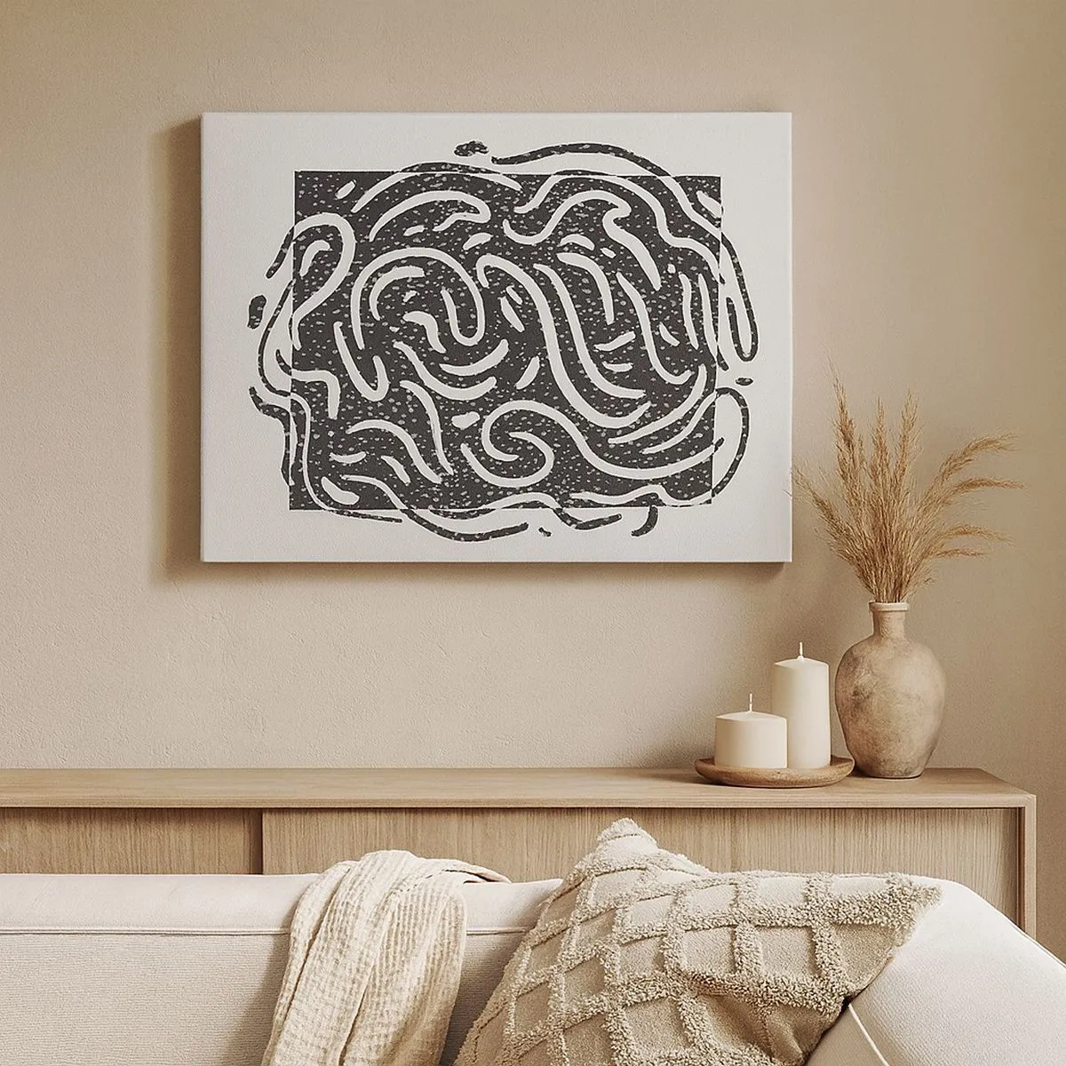 Quadro su tela - Stampe su Tela - Astrazione in bianco e nero in stile geometrico - 70x50cm - Astrazione: la danza della gioia - Decorazione murale moderna per soggiorno e camera da letto ARTTOR