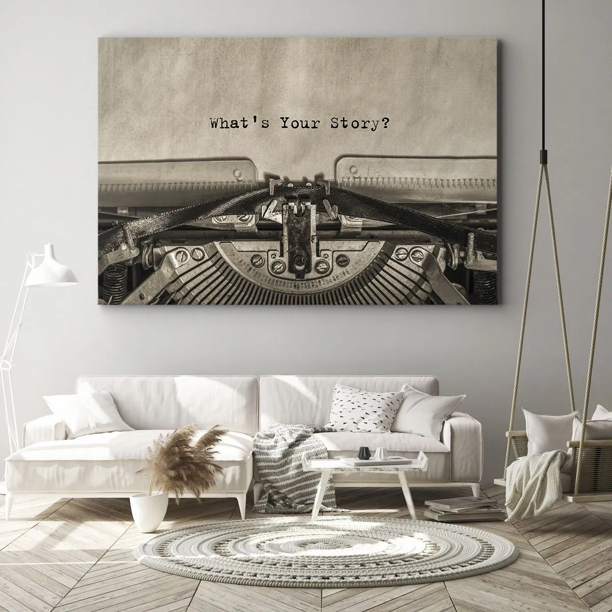 Quadro su tela - Stampe su Tela - Una macchina da scrivere con la scritta "Qual è la tua storia?" - 70x50cm - Rispondimi - Decorazione murale moderna per soggiorno e camera da letto ARTTOR
