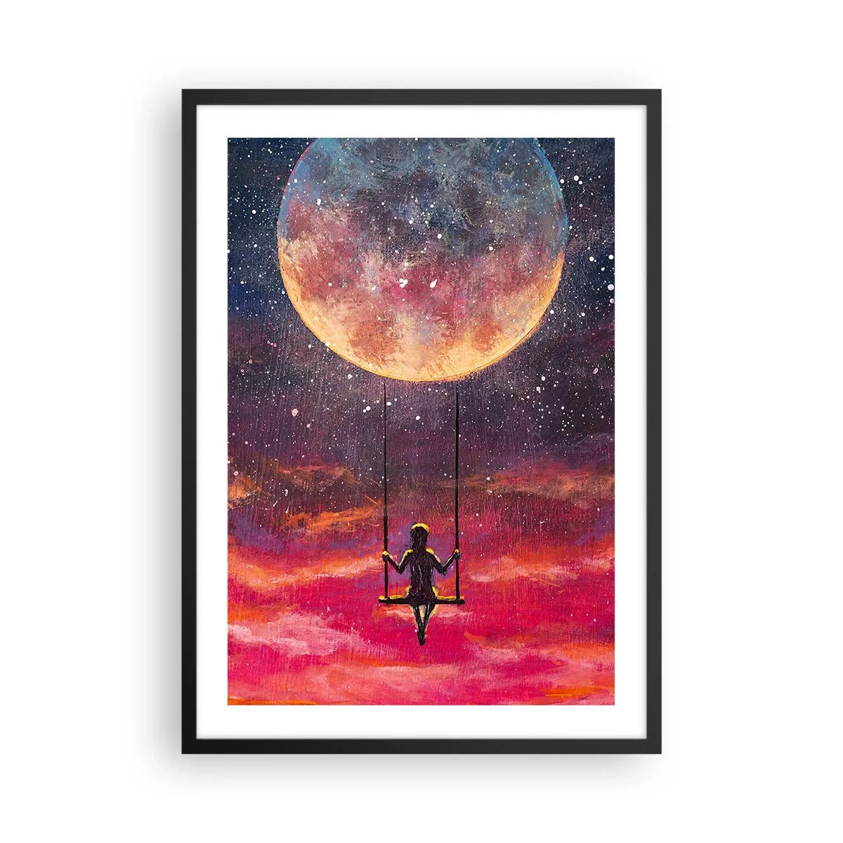 Poster in cornice nera - Ragazza sull'altalena sotto la luna piena - 50x70cm - Con la testa tra le nuvole - Decorazione murale moderna per soggiorno e camera da letto ARTTOR