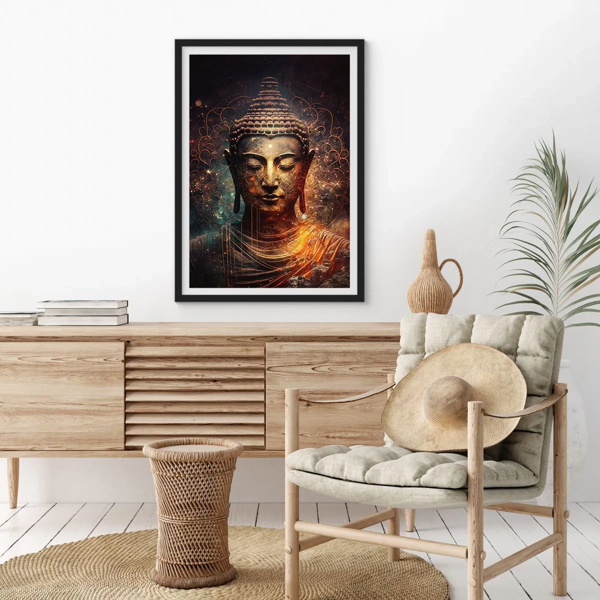 Poster in cornice nera - Immagine mistica del Buddha in tonalità dorate - 50x70cm - Equilibrio spirituale - Decorazione murale moderna per soggiorno e camera da letto ARTTOR