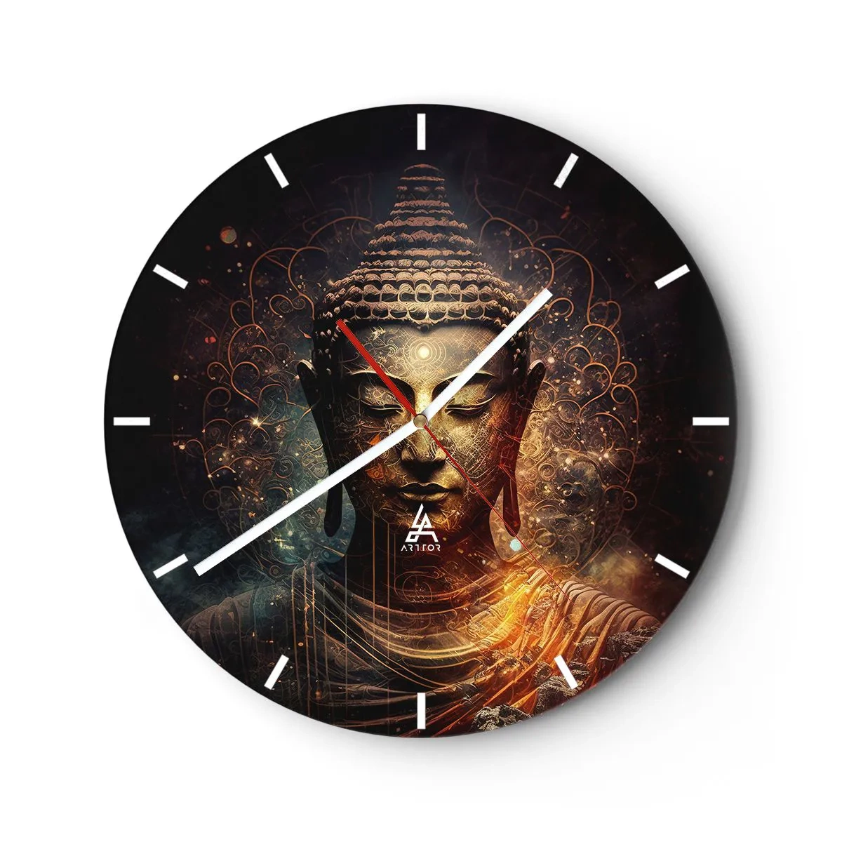 Orologio da parete - Orologio in Vetro - Un'immagine dorata di un Buddha in meditazione su uno sfondo scuro - 30x30cm - Equilibrio spirituale - Decorazione murale moderna per soggiorno, cucina e camera da letto ARTTOR