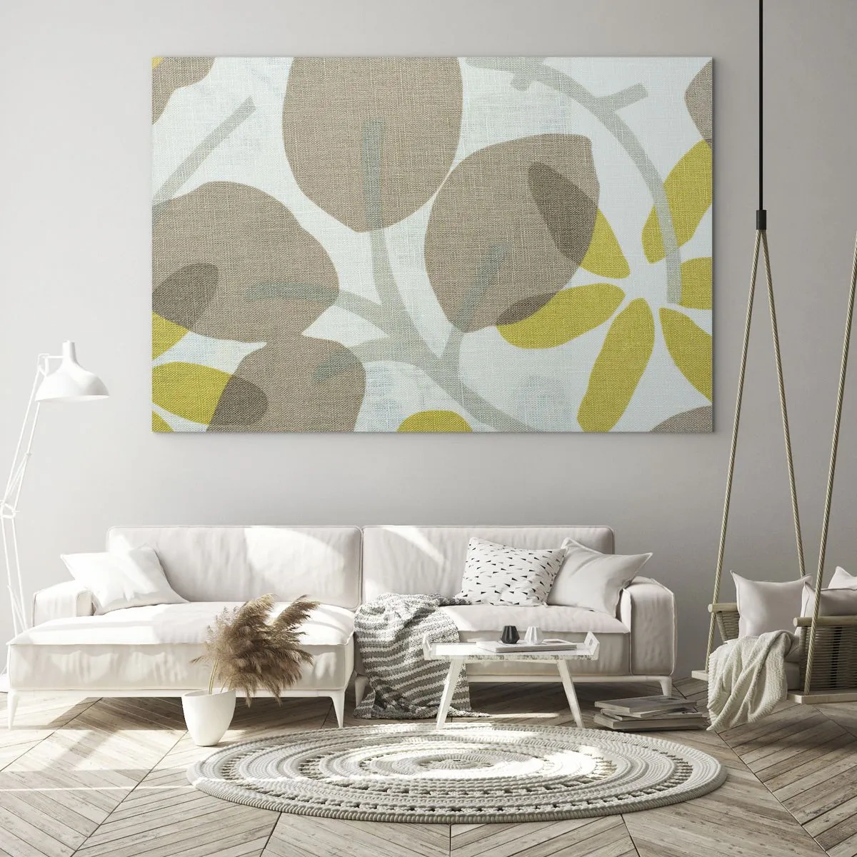 Quadro su vetro - Foglie e fiori stilizzati nei toni pastello del beige e del giallo - 70x50cm - Composizione sotto al sole - Decorazione murale moderna per soggiorno e camera da letto ARTTOR