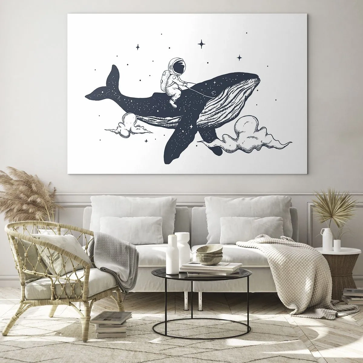 Quadro su vetro - Astronauta a cavallo di una balena tra stelle e nuvole - 70x50cm - Avventura nello spazio - Decorazione murale moderna per soggiorno e camera da letto ARTTOR