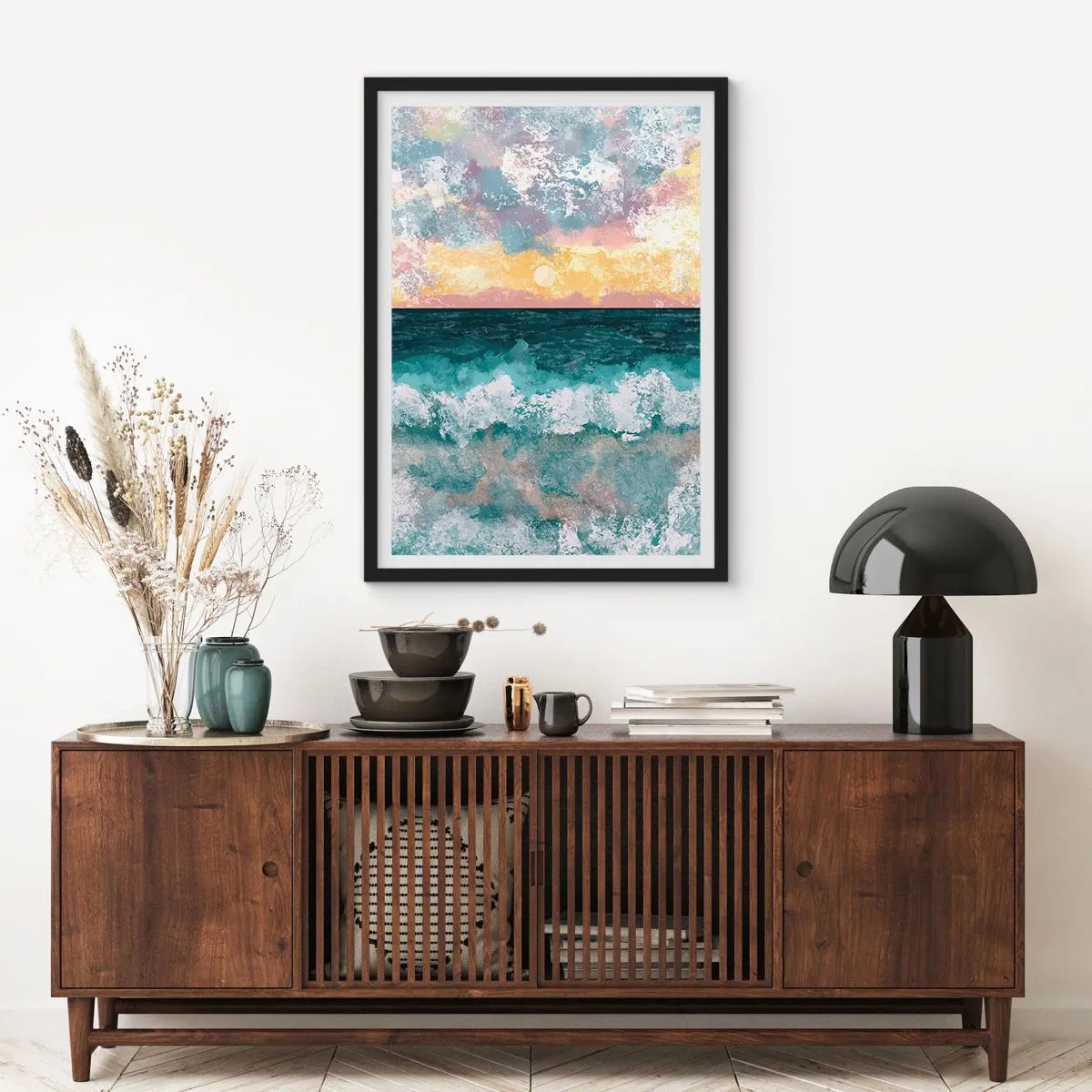 Poster in cornice nera - Onde del mare e tramonto in stile acquerello - 50x70cm - Acqua, luce, aria - Decorazione murale moderna per soggiorno e camera da letto ARTTOR