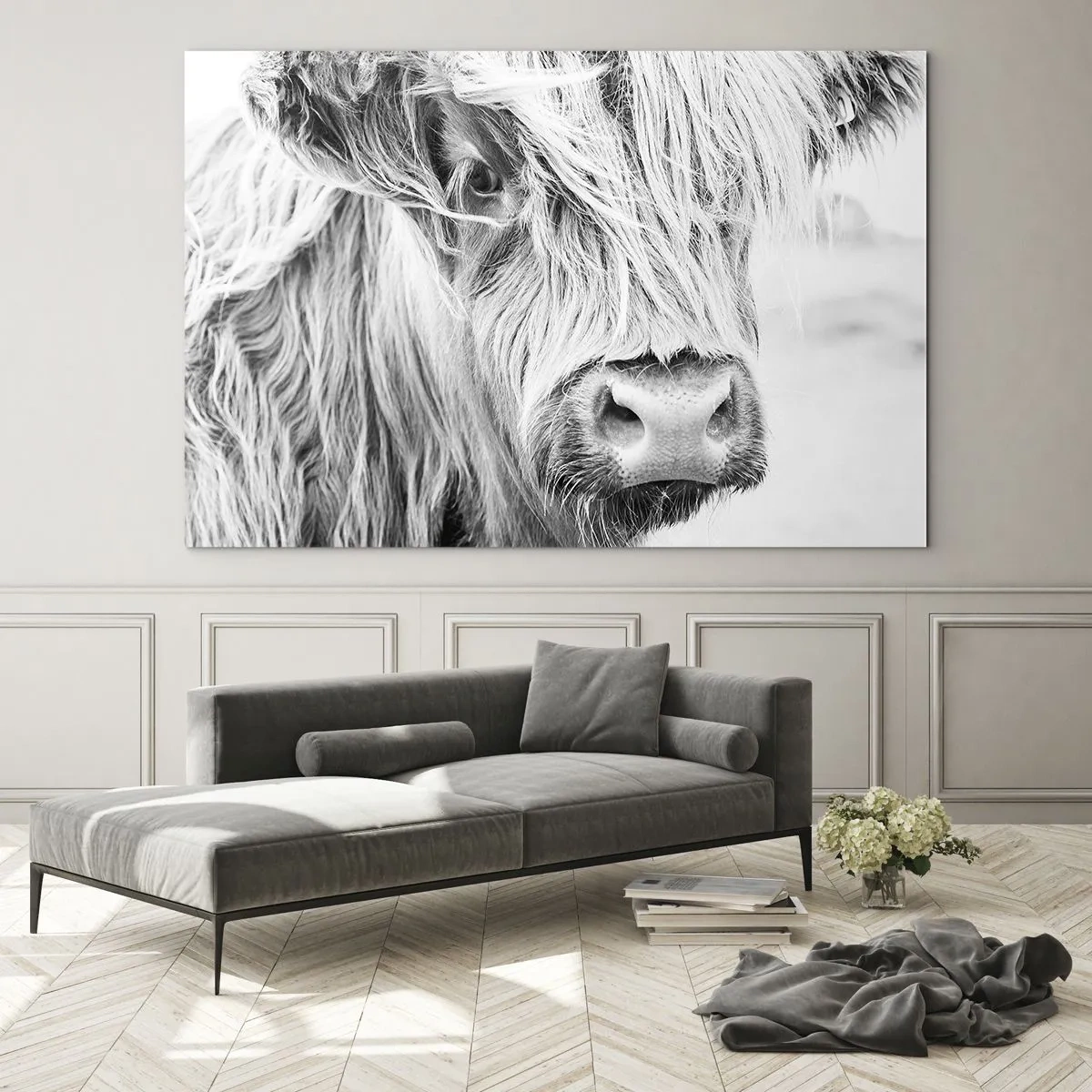 Quadro su vetro - Primo piano di un bovino scozzese a pelo lungo in bianco e nero - 70x50cm - Selvaticità scozzese - Decorazione murale moderna per soggiorno e camera da letto ARTTOR