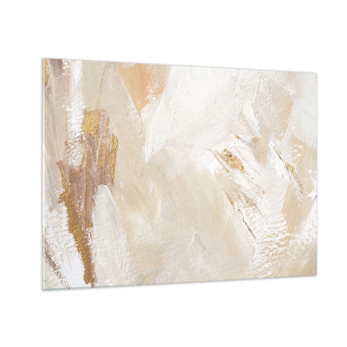 Quadro su vetro - Astrazione beige e bianca con accenti dorati - 70x50cm - Composizione pastello - Decorazione murale moderna per soggiorno e camera da letto ARTTOR
