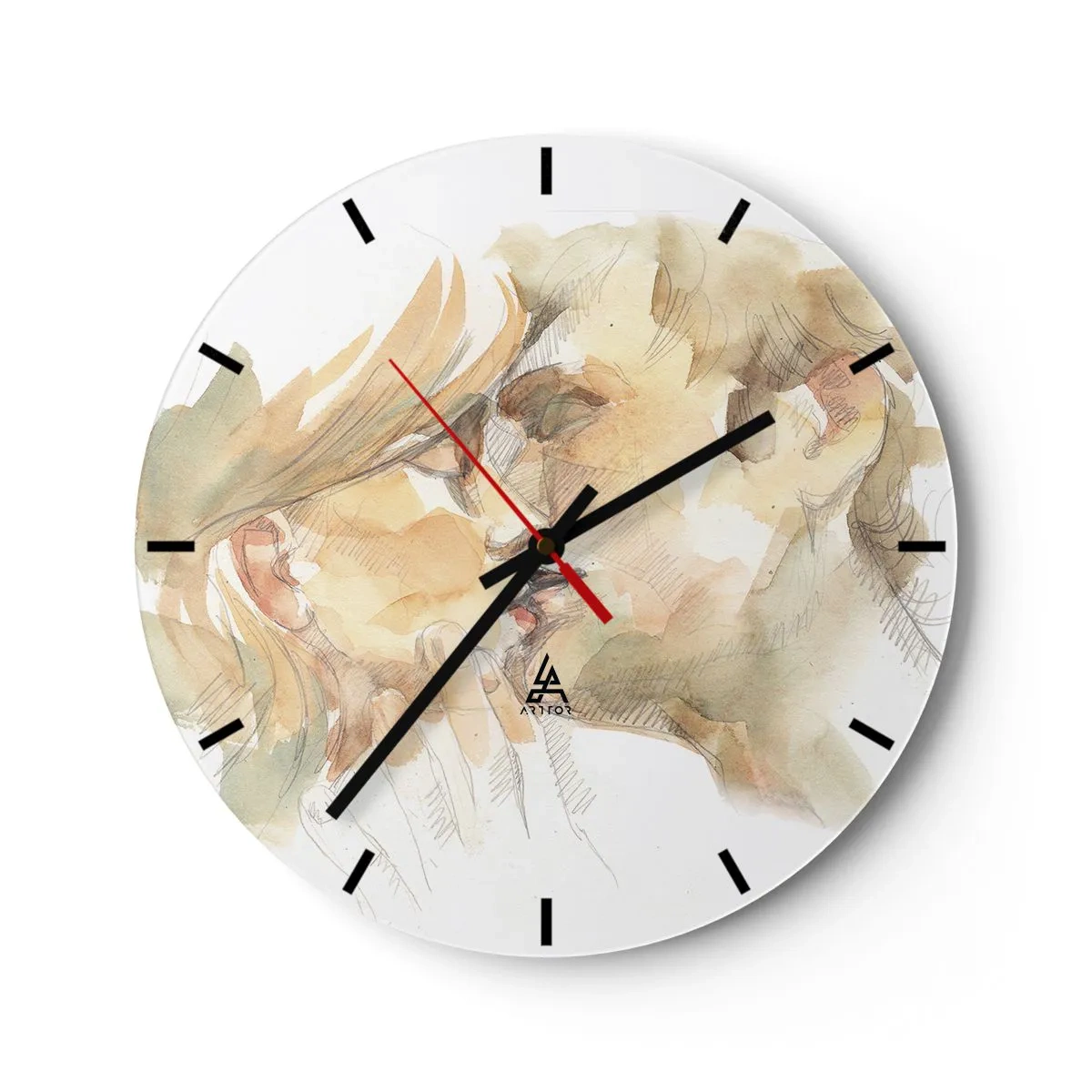 Orologio da parete - Orologio in Vetro - Un ritratto ad acquerello dai toni pastello di una coppia che si bacia - 30x30cm - Sarà l'anima gemella? - Decorazione murale moderna per soggiorno, cucina e camera da letto ARTTOR