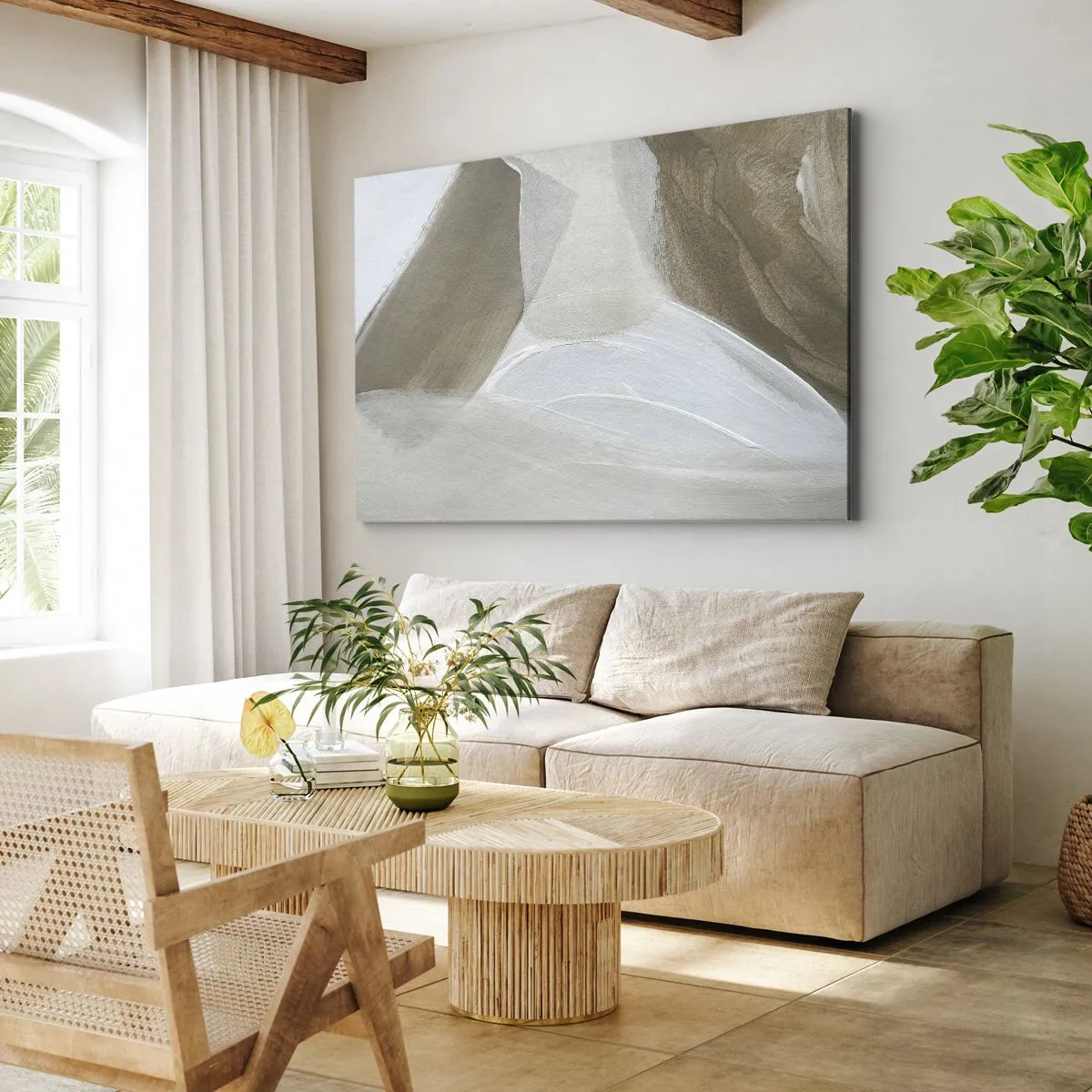 Quadro su tela - Stampe su Tela - Delicata astrazione nei toni del beige e del bianco - 70x50cm - Onda di bianco - Decorazione murale moderna per soggiorno e camera da letto ARTTOR