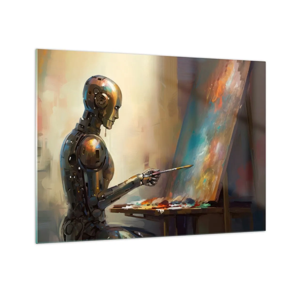 Quadro su vetro - Un robot che dipinge un quadro su un cavalletto - 70x50cm - L'arte del futuro - Decorazione murale moderna per soggiorno e camera da letto ARTTOR