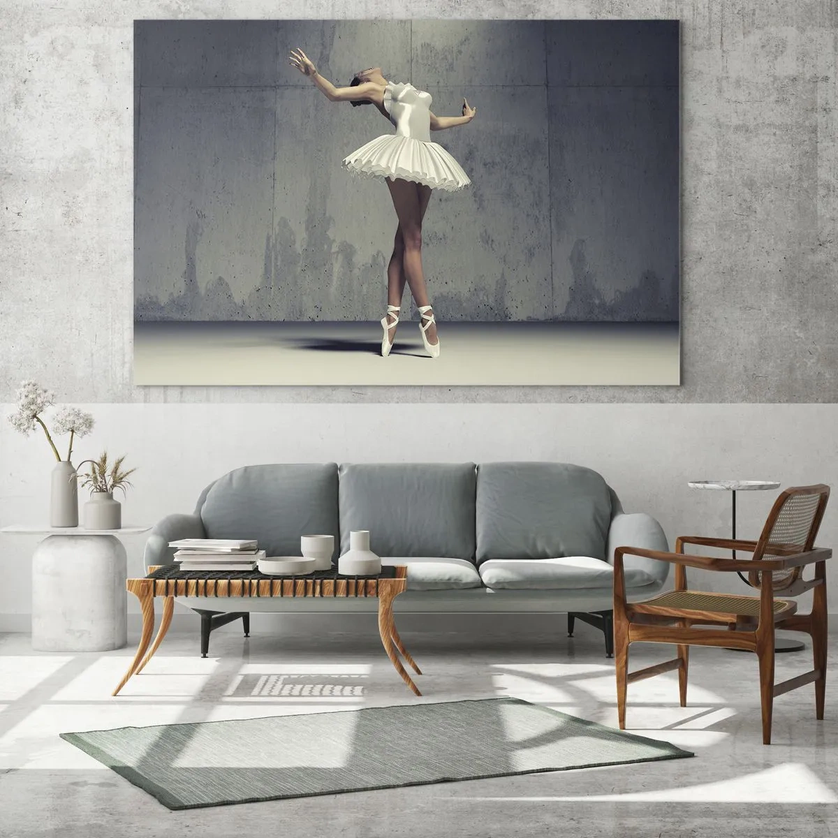 Quadro su vetro - Una ballerina in abito bianco contro un muro grezzo - 70x50cm - Leggero come un uccello - Decorazione murale moderna per soggiorno e camera da letto ARTTOR
