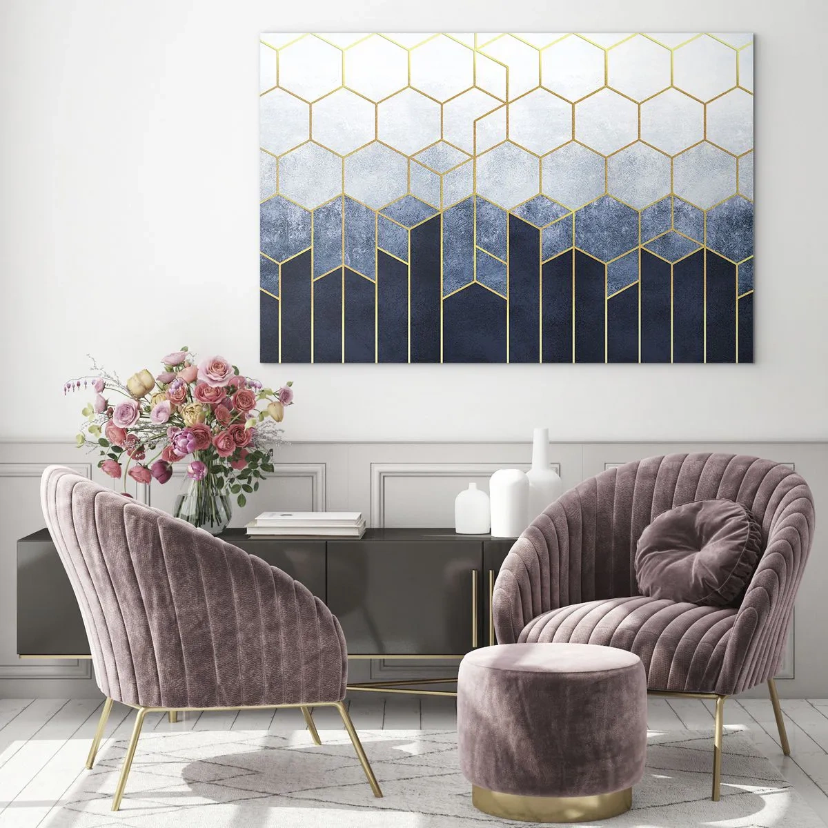 Quadro su vetro - Motivo geometrico nei colori oro e blu navy - 70x50cm - Composizione a ritmo sincopato - Decorazione murale moderna per soggiorno e camera da letto ARTTOR