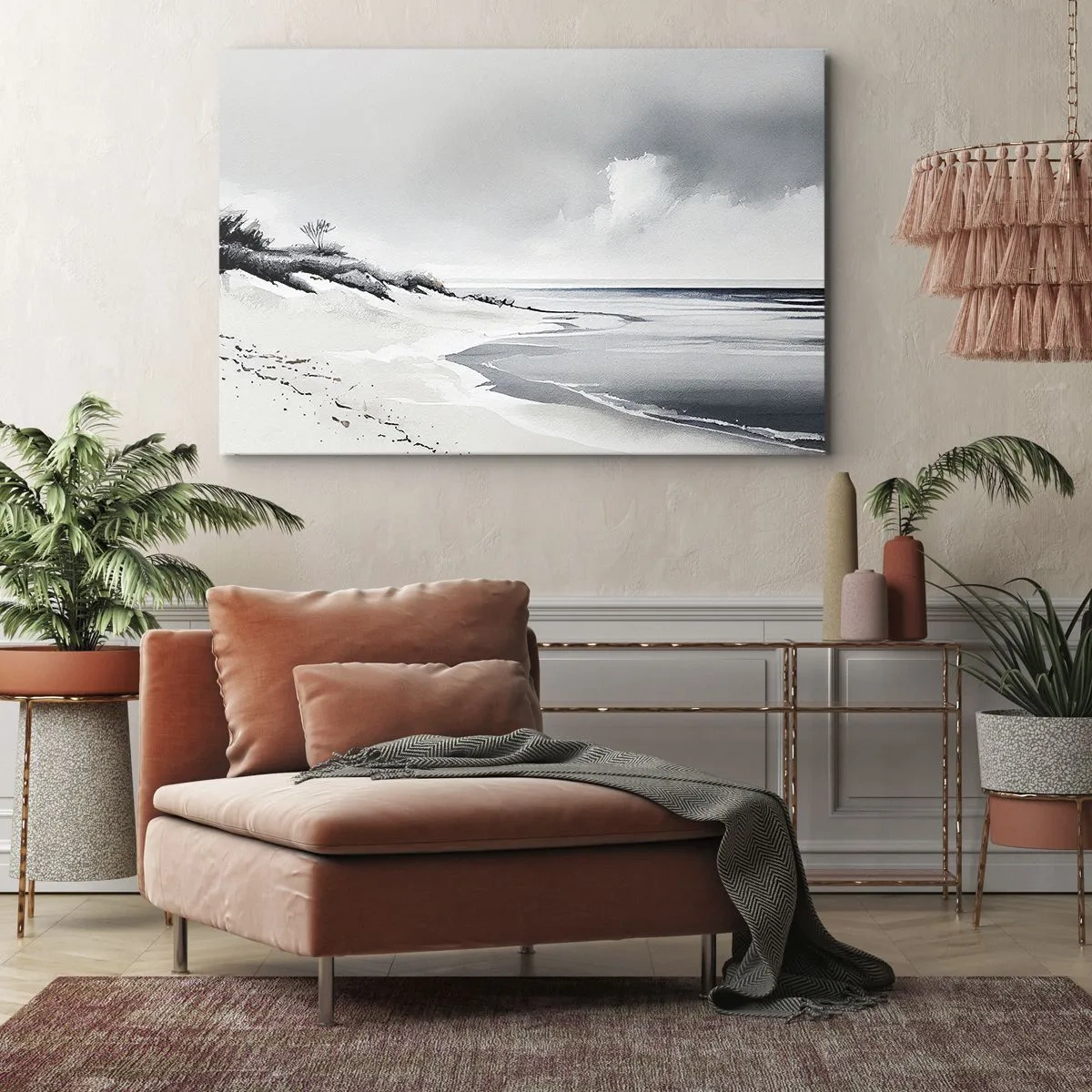 Quadro su tela - Stampe su Tela - Una spiaggia dalle tenui tonalità di grigio e blu - 70x50cm - Insieme da sempre - Decorazione murale moderna per soggiorno e camera da letto ARTTOR