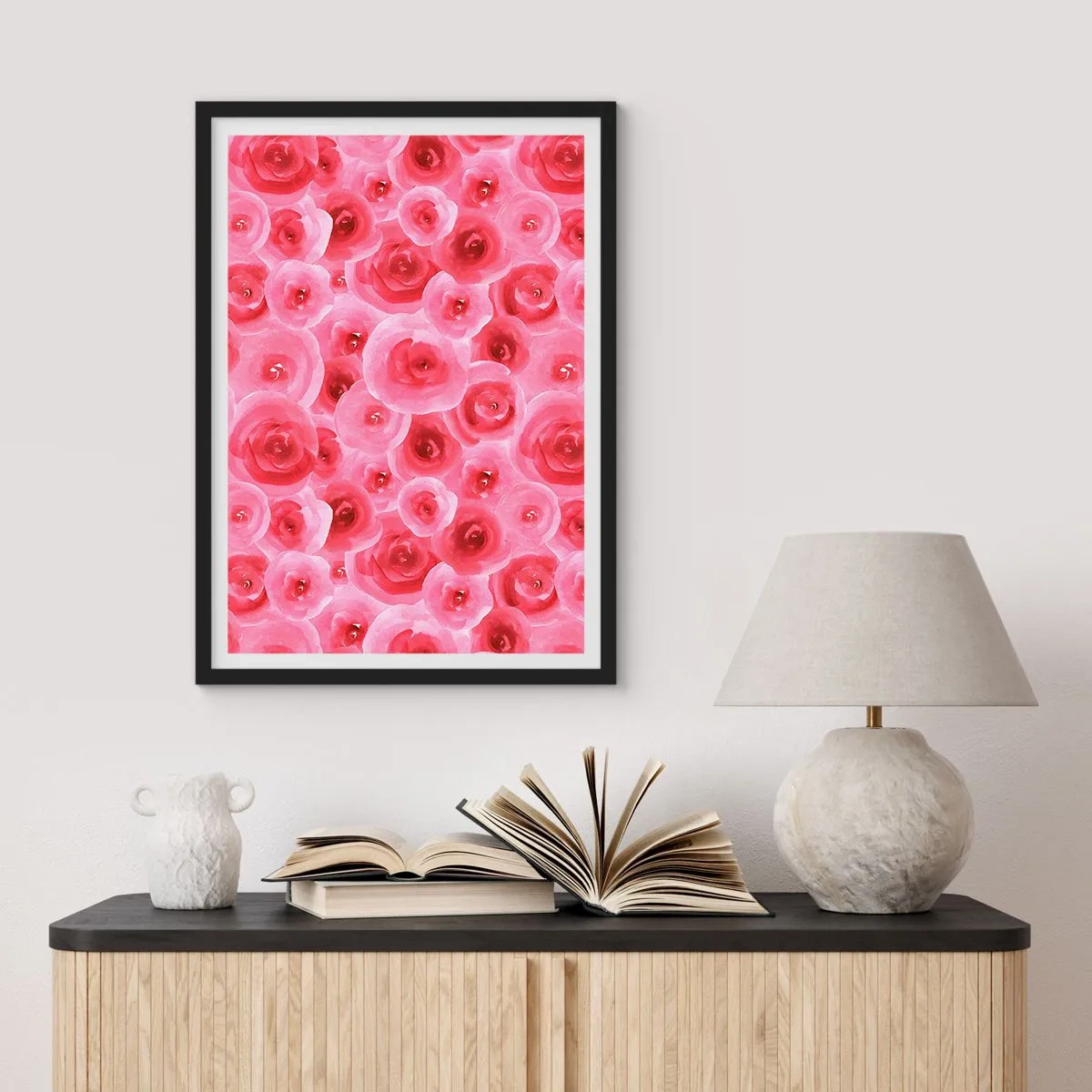 Poster in cornice nera - Rose rosa acquerellate in stile romantico - 50x70cm - Rose in alto e in basso - Decorazione murale moderna per soggiorno e camera da letto ARTTOR