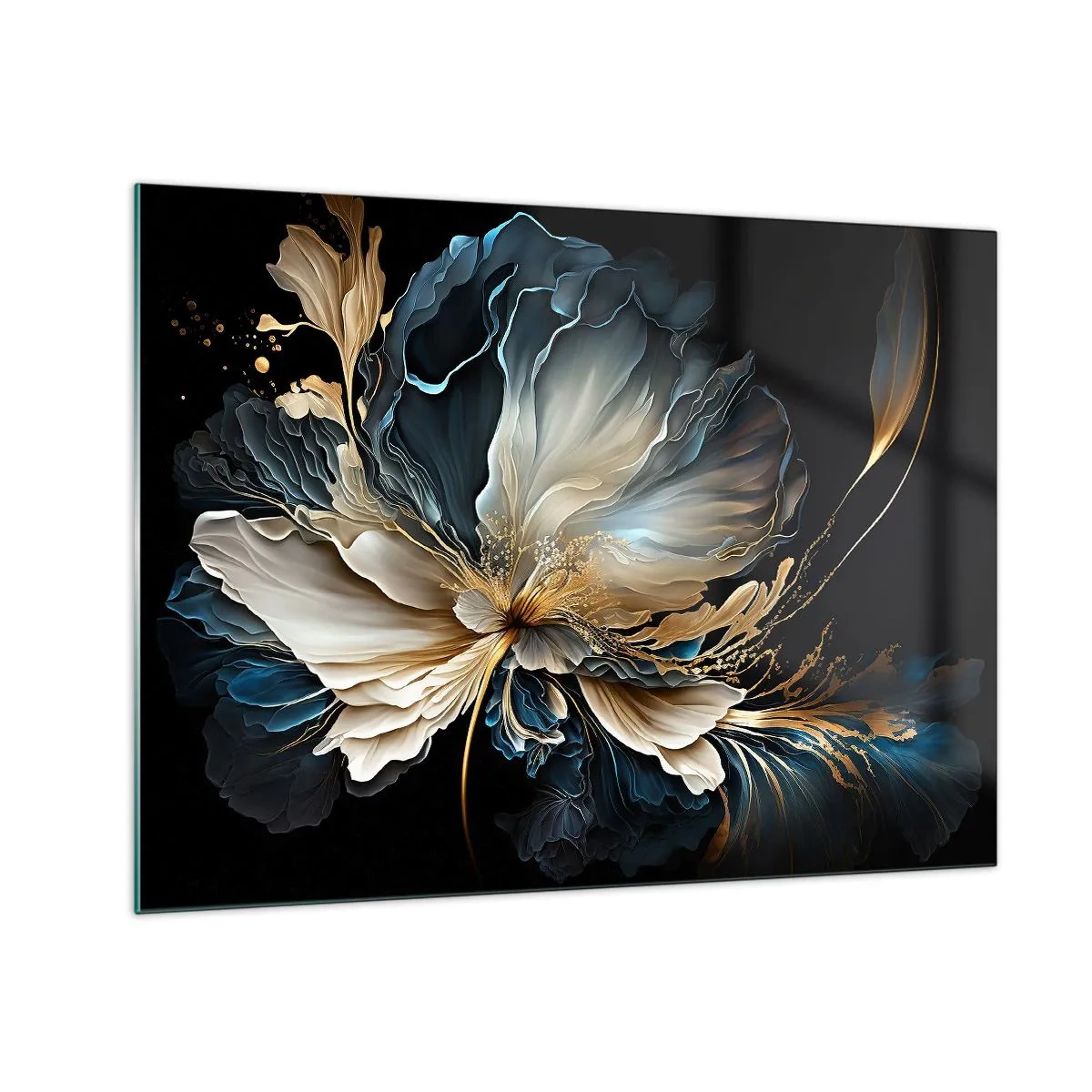 Quadro su vetro - Un fiore elegante nei toni dell'oro, del blu navy e del beige su nero - 70x50cm - Fantastico fiore di felce - Decorazione murale moderna per soggiorno e camera da letto ARTTOR