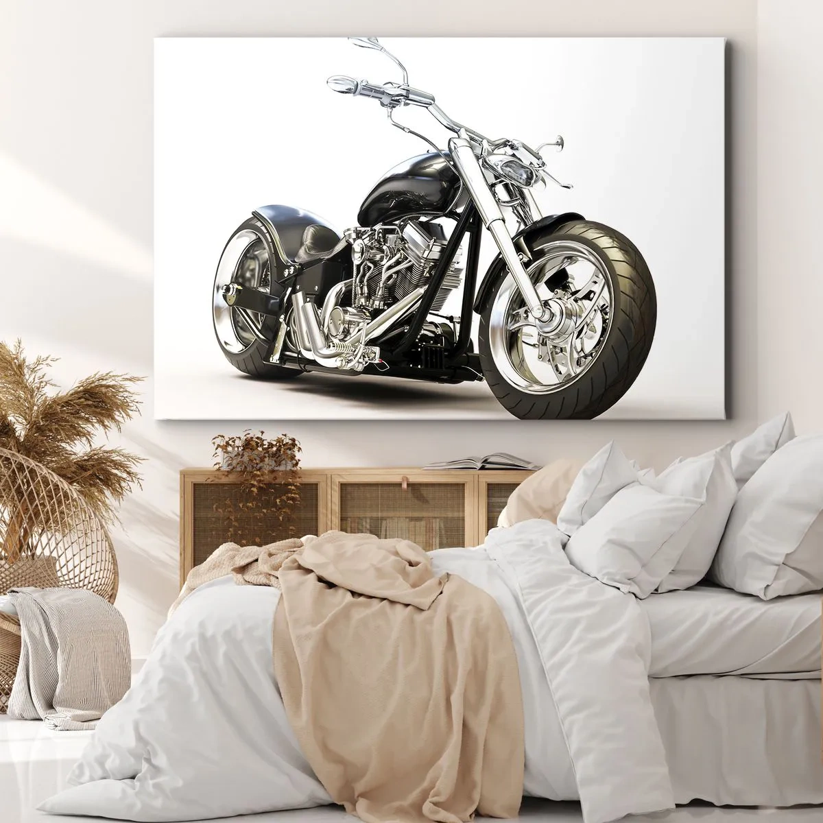 Quadro su tela - Stampe su Tela - Elegante motocicletta nera su sfondo bianco - 70x50cm - Potenza e carattere - Decorazione murale moderna per soggiorno e camera da letto ARTTOR