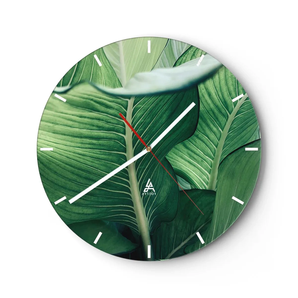 Orologio da parete - Orologio in Vetro - Primo piano di foglie tropicali di un verde intenso - 30x30cm - Una vita intensamente verde - Decorazione murale moderna per soggiorno, cucina e camera da letto ARTTOR