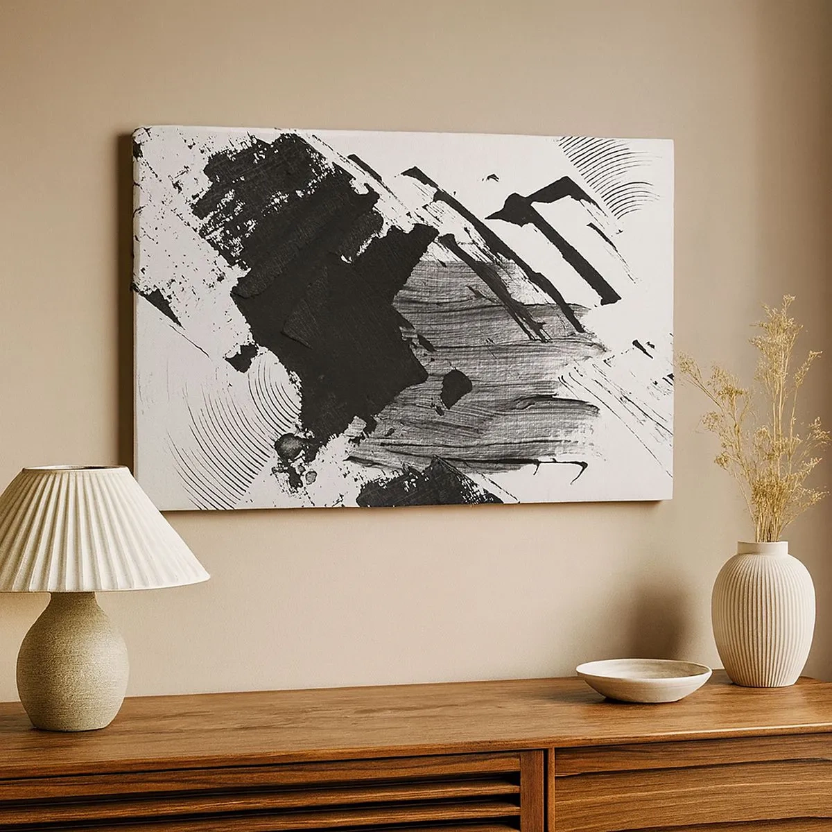 Quadro su tela - Stampe su Tela - Pennellate astratte di nero su sfondo bianco - 70x50cm - Astrazione: espressione di nero - Decorazione murale moderna per soggiorno e camera da letto ARTTOR
