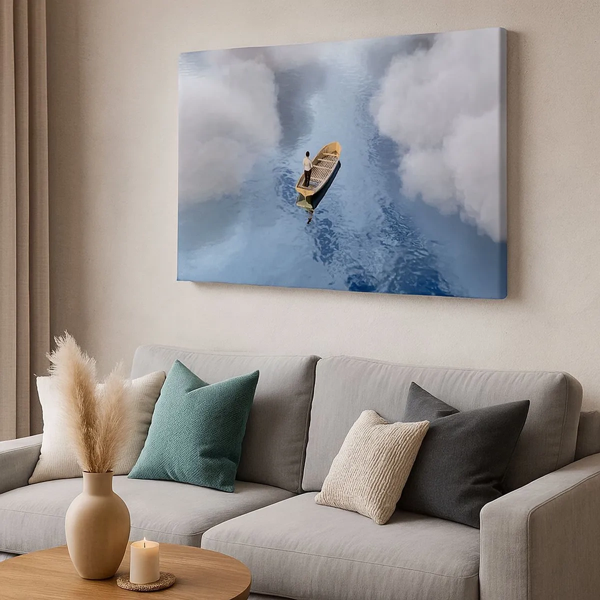Quadro su tela - Stampe su Tela - Un uomo su una barca in un mare calmo circondato da nuvole - 70x50cm - Vita - viaggio - incertezza - Decorazione murale moderna per soggiorno e camera da letto ARTTOR