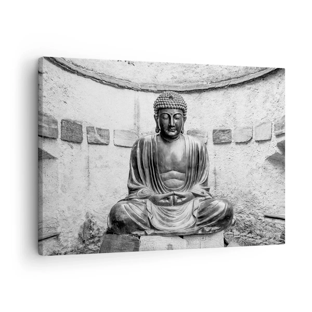 Quadro su tela - Stampe su Tela - Statua del Buddha in bianco e nero in posa meditativa - 70x50cm - Alla fonte della pace - Decorazione murale moderna per soggiorno e camera da letto ARTTOR