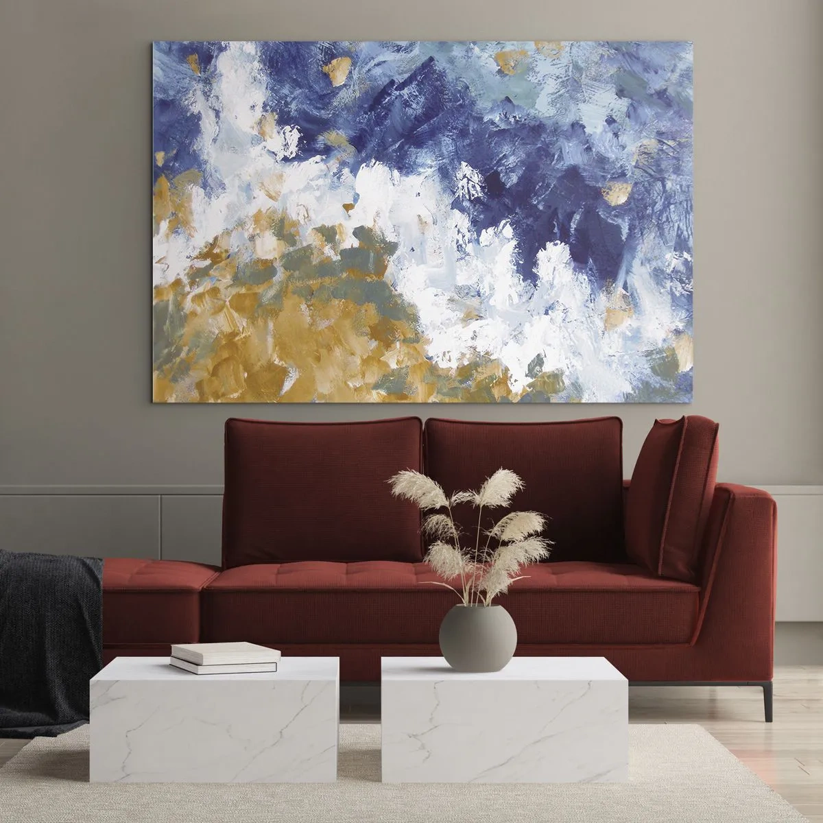 Quadro su vetro - Pennellate astratte in blu, bianco e oro - 70x50cm - La danza degli elementi - Decorazione murale moderna per soggiorno e camera da letto ARTTOR