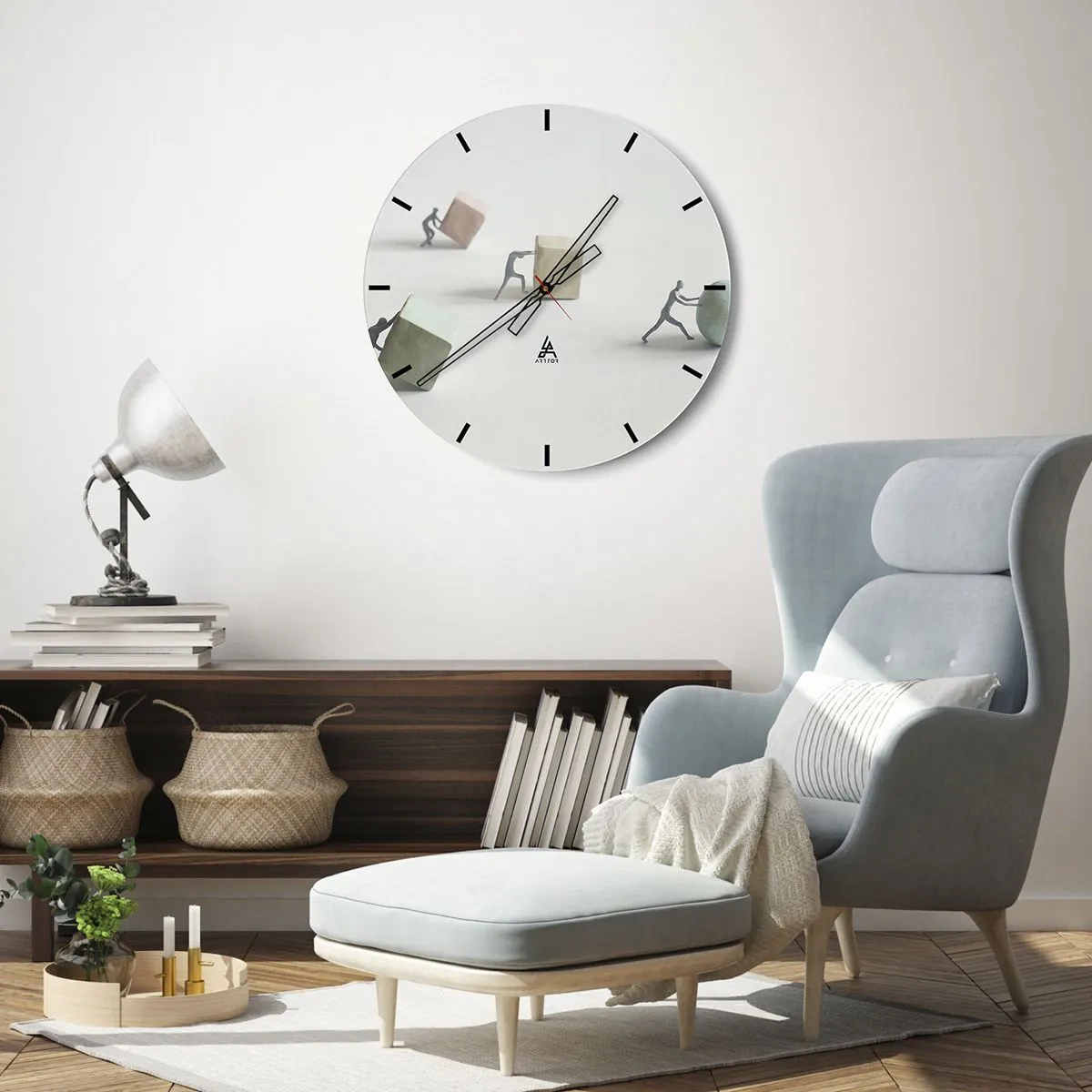 Orologio da parete - Orologio in Vetro - Figure che spingono cubi e una palla che simboleggia lo sforzo - 30x30cm - È la vita - Decorazione murale moderna per soggiorno, cucina e camera da letto ARTTOR