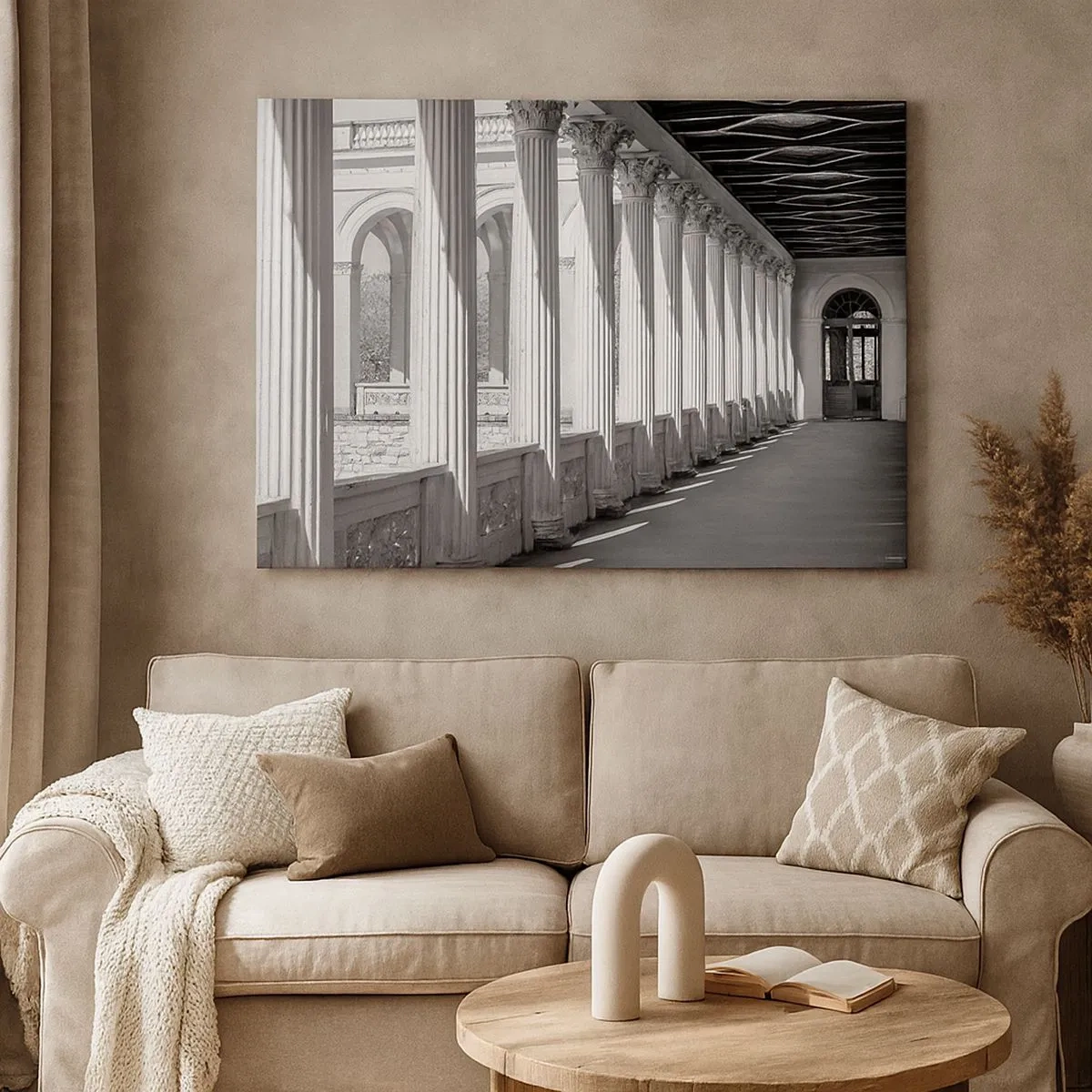 Quadro su tela - Stampe su Tela - Colonnato in stile classico in bianco e nero - 70x50cm - Portico soleggiato - Decorazione murale moderna per soggiorno e camera da letto ARTTOR