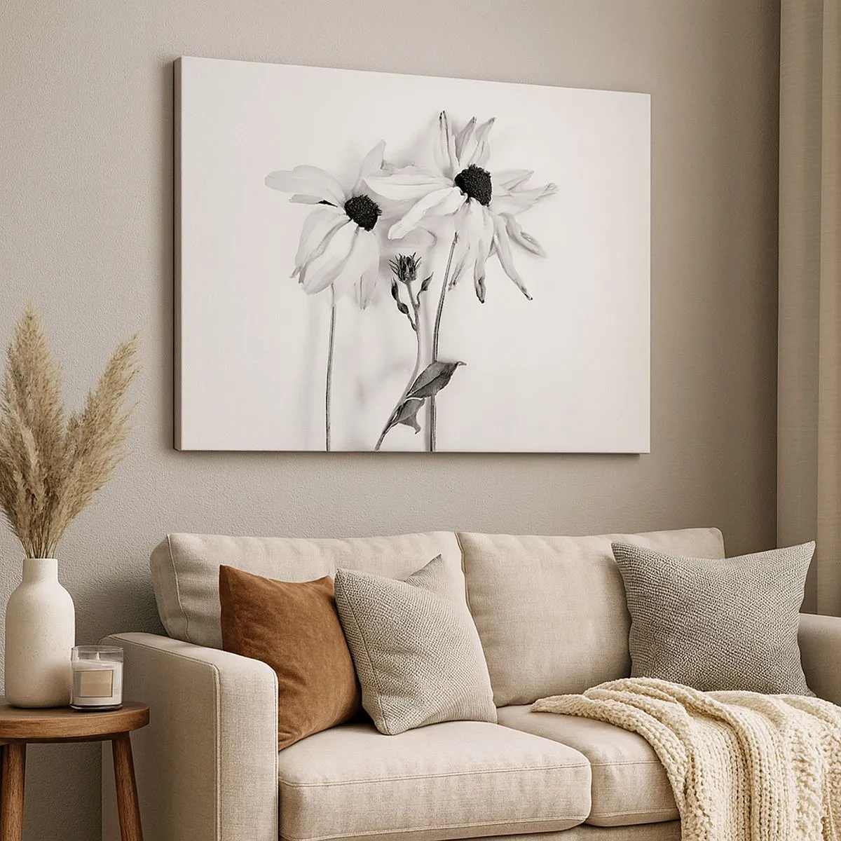 Quadro su tela - Stampe su Tela - Fiori bianchi e neri con una composizione delicata - 70x50cm - Nessuno vuole essere solo - Decorazione murale moderna per soggiorno e camera da letto ARTTOR