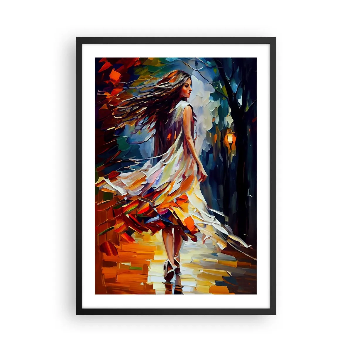 Poster in cornice nera - Una donna che balla tra le foglie autunnali colorate - 50x70cm - Ragazza d'autunno - Decorazione murale moderna per soggiorno e camera da letto ARTTOR