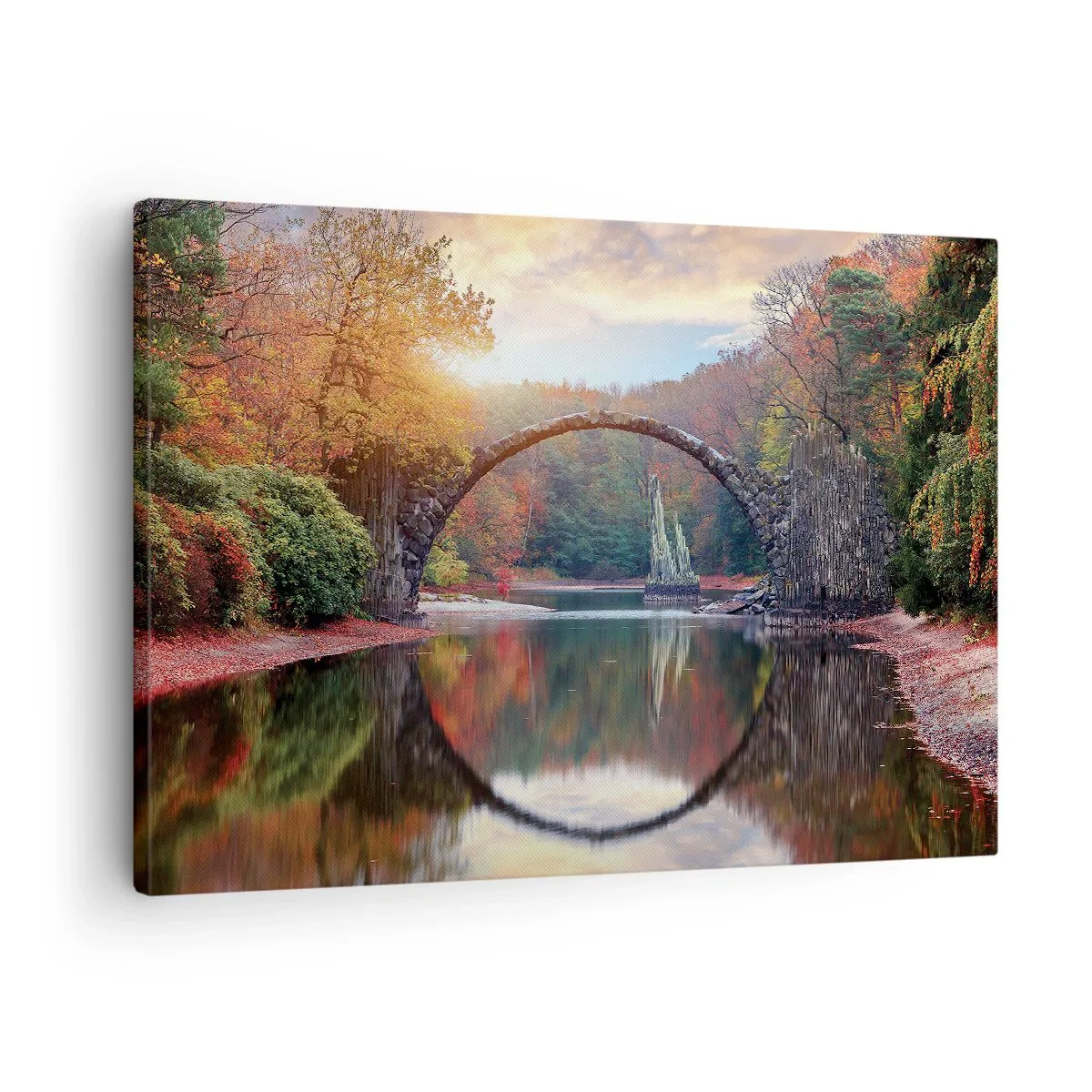 Quadro su tela - Stampe su Tela - Un ponte di pietra in uno scenario autunnale sopra acque calme - 70x50cm - Dall'altro lato dello specchio - Decorazione murale moderna per soggiorno e camera da letto ARTTOR