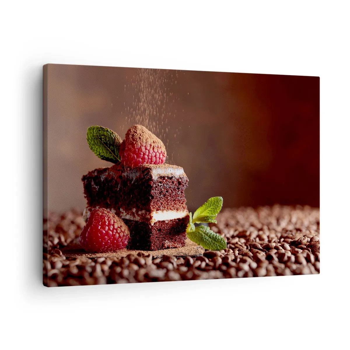 Quadro su tela - Stampe su Tela - Torta al cioccolato con lamponi e menta su uno sfondo di fave di cacao - 70x50cm - La vita è dolce - Decorazione murale moderna per soggiorno e camera da letto ARTTOR