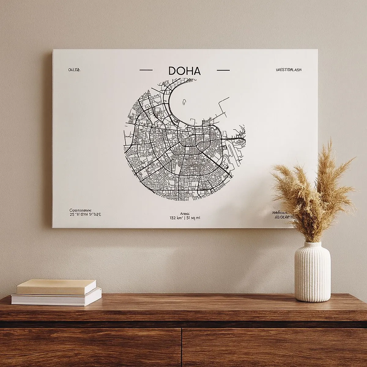 Quadro su tela - Stampe su Tela - Una mappa minimalista di Doha in bianco e nero con dettagli precisi. - 70x50cm - Anatomia di Doha - Decorazione murale moderna per soggiorno e camera da letto ARTTOR