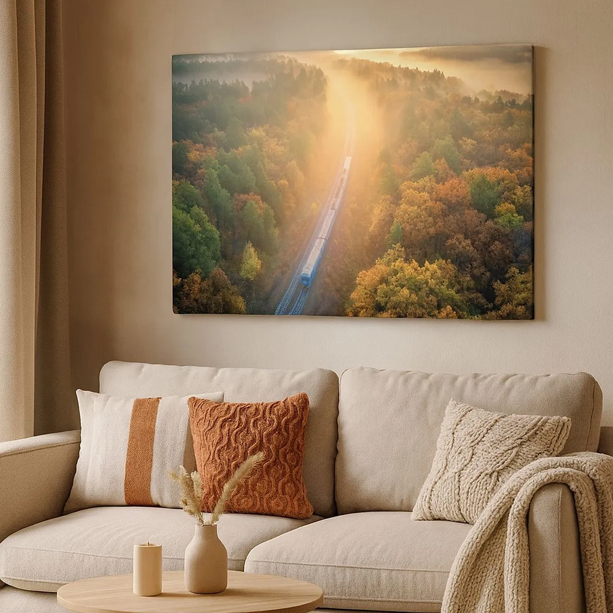 Quadro su tela - Stampe su Tela - Un treno in una foresta autunnale all'alba - 70x50cm - Viaggio autunnale - Decorazione murale moderna per soggiorno e camera da letto ARTTOR